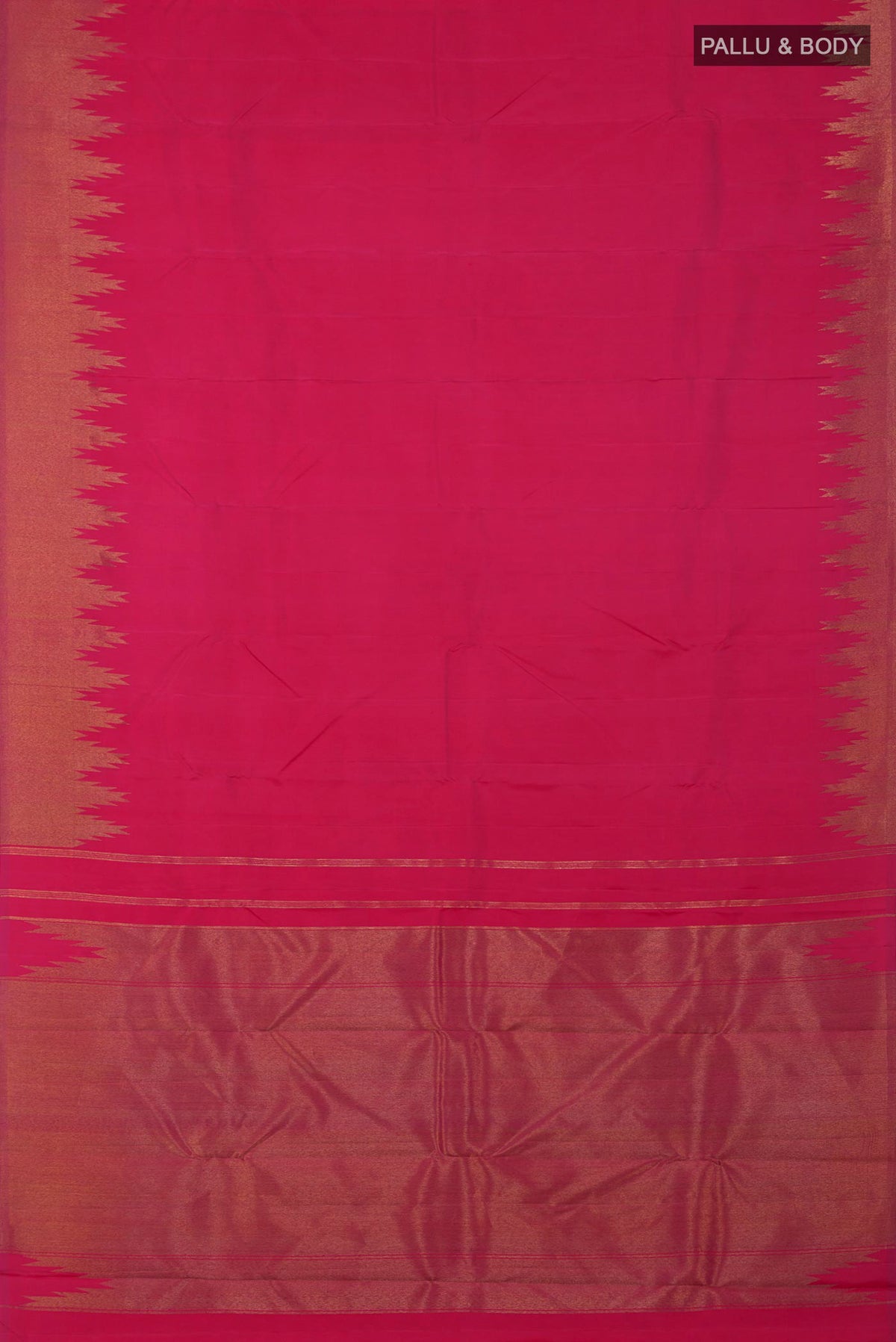 Flat view of Pure Silk Pure Zari Pink Kanchipuram Saree with Plain Body and Temple Border. 