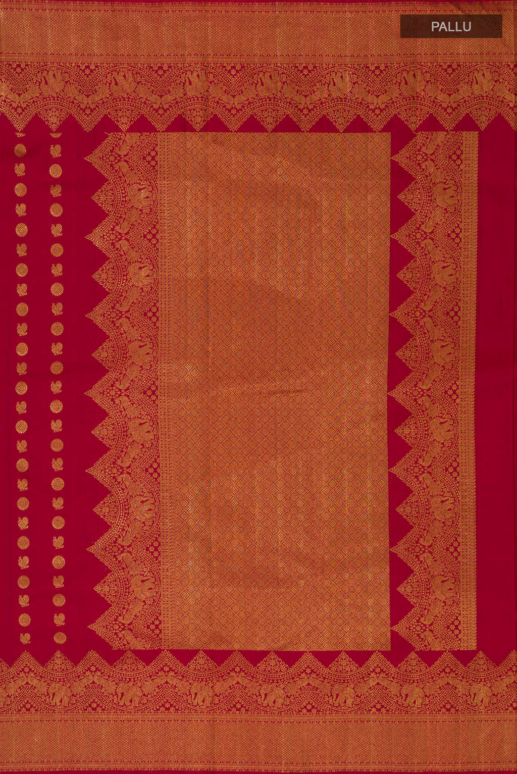 Close up image of the pallu of Maroon Kanjivaram Silk Saree with Zari Butta on the body and Fancy Border. 