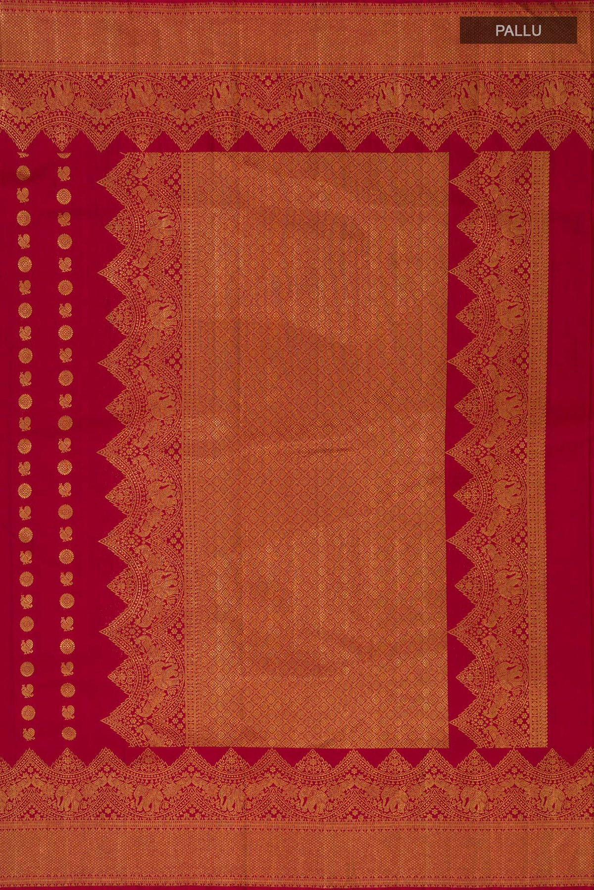 Close up image of the pallu of Maroon Kanjivaram Silk Saree with Zari Butta on the body and Fancy Border. 
