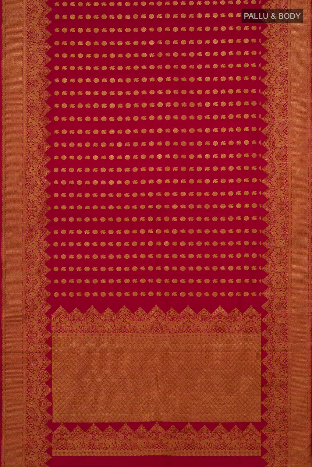 Flat view of Maroon Kanjivaram Silk Saree with Zari Butta on the body and Fancy Border. 