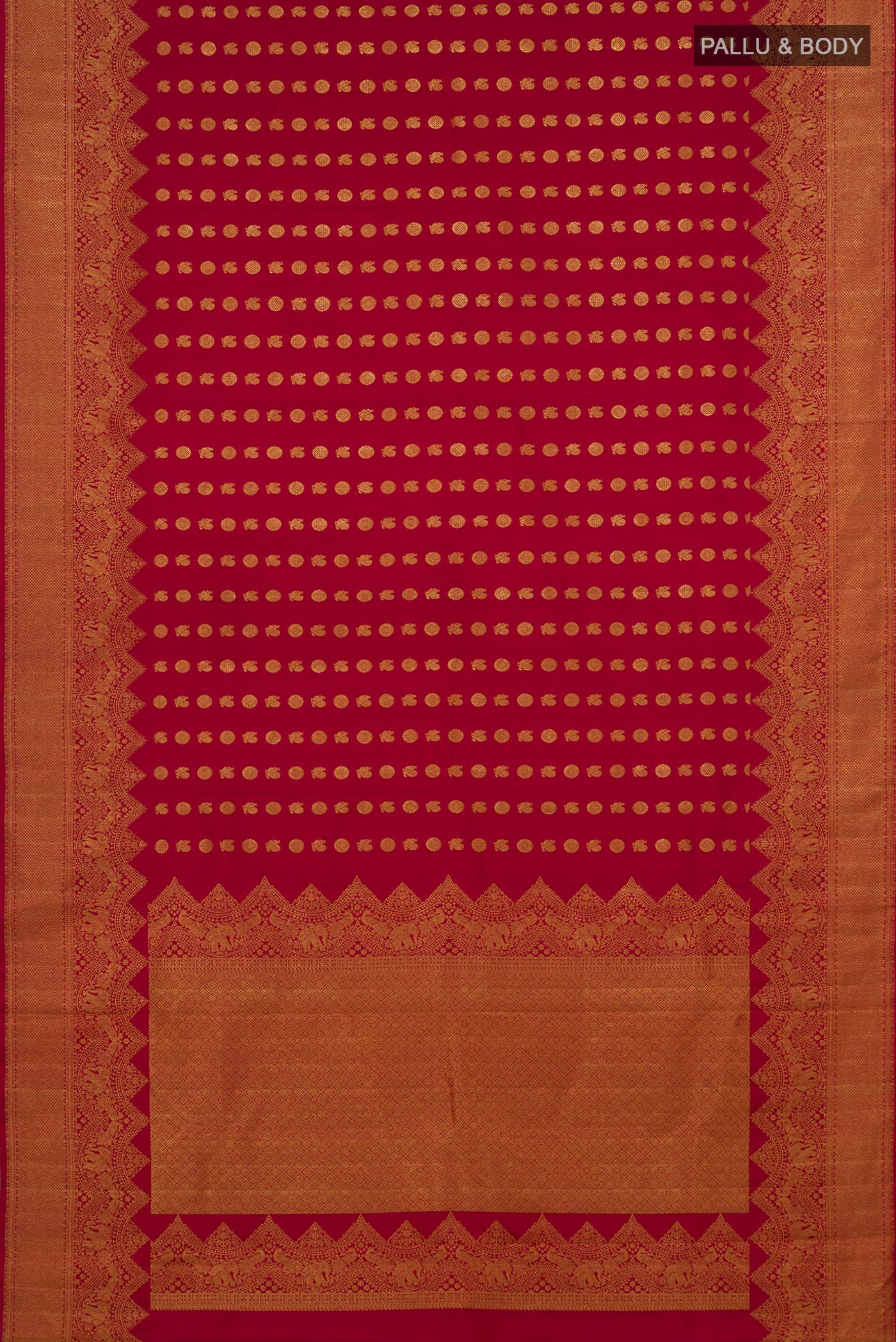 Flat view of Maroon Kanjivaram Silk Saree with Zari Butta on the body and Fancy Border. 