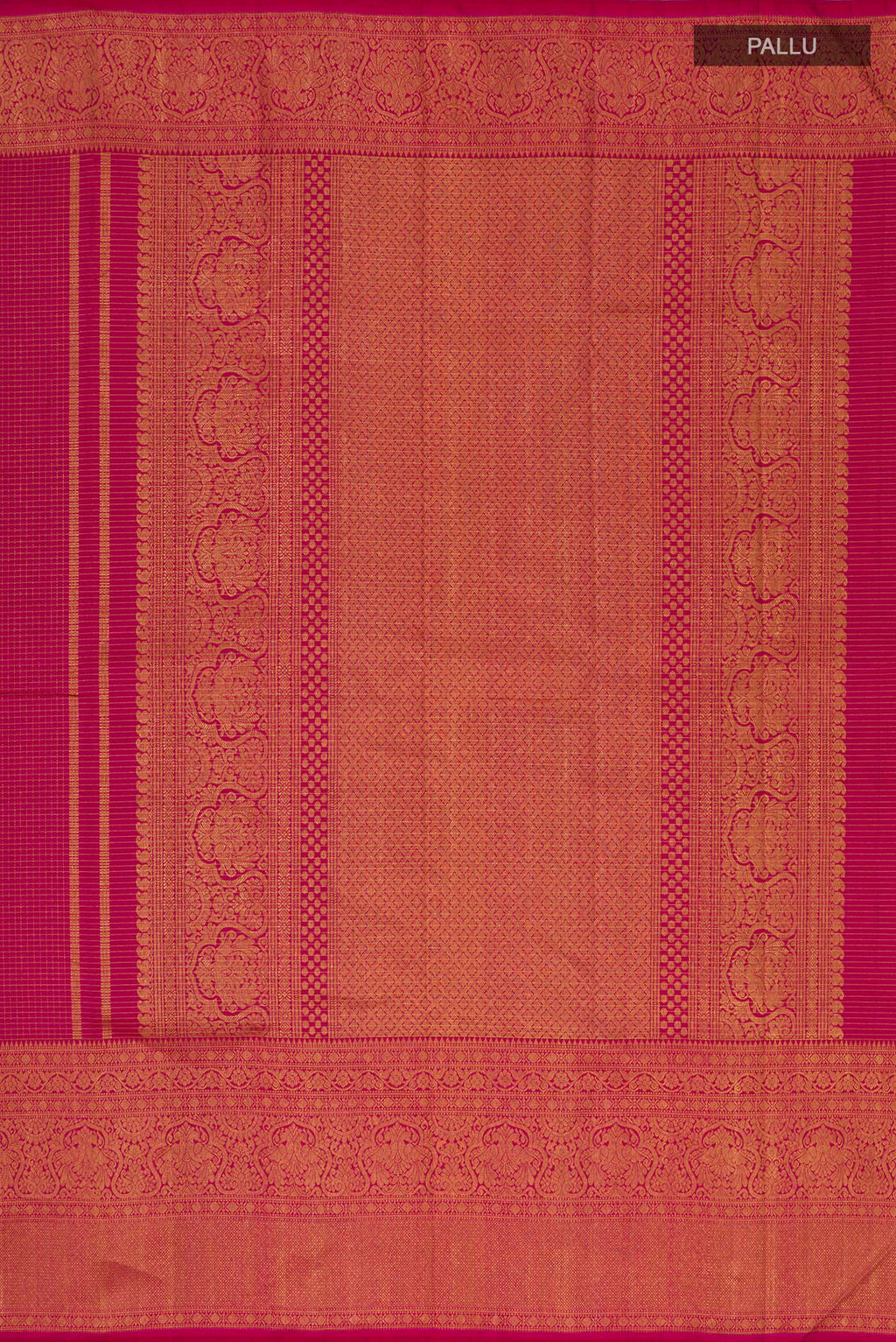 Close up image of the pallu of Pure Silk Pink Kanchipuram Saree with Checked design on the body and Fancy Border. 