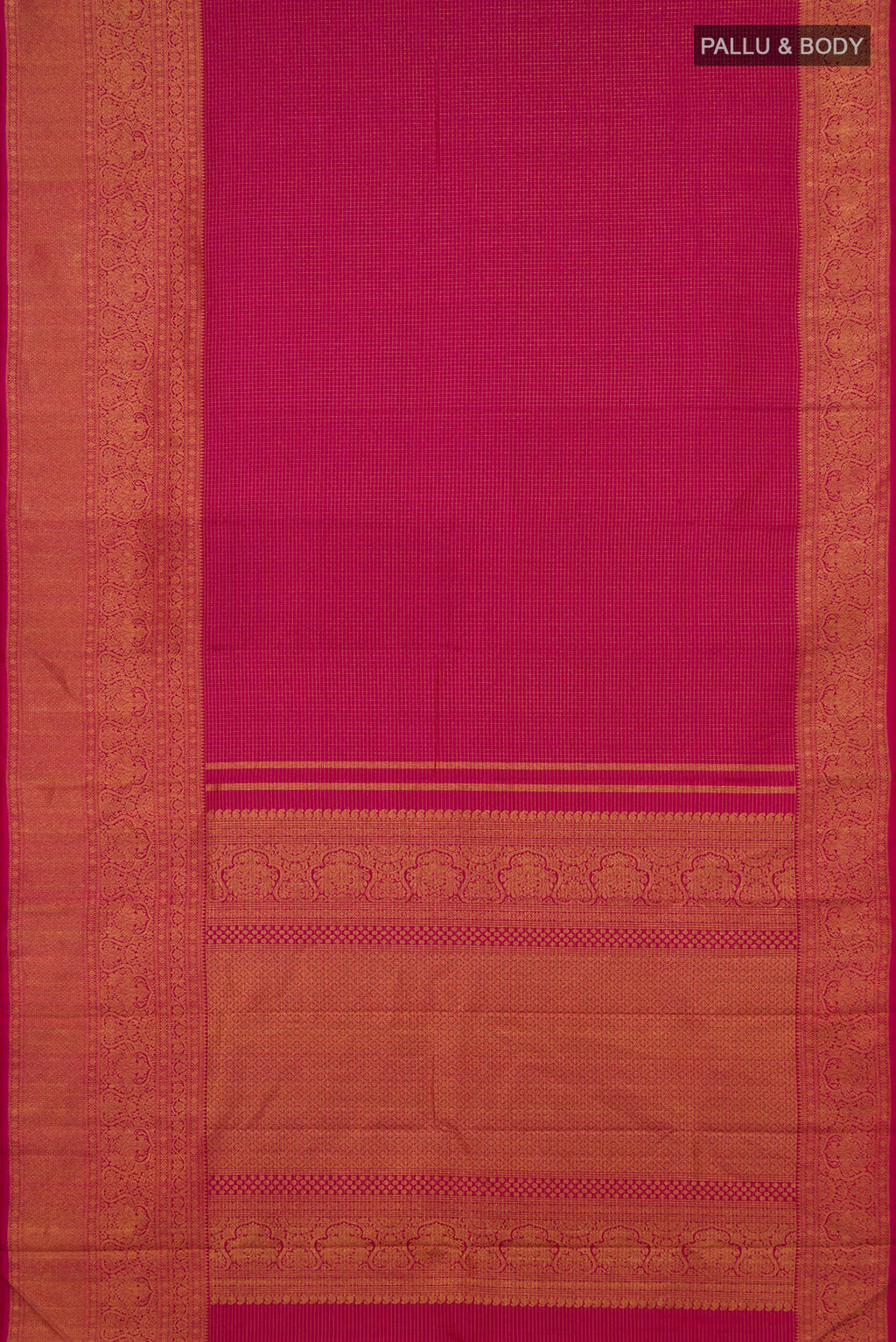 Flat view of Pure Silk Pink Kanchipuram Saree with Checked design on the body and Fancy Border. 
