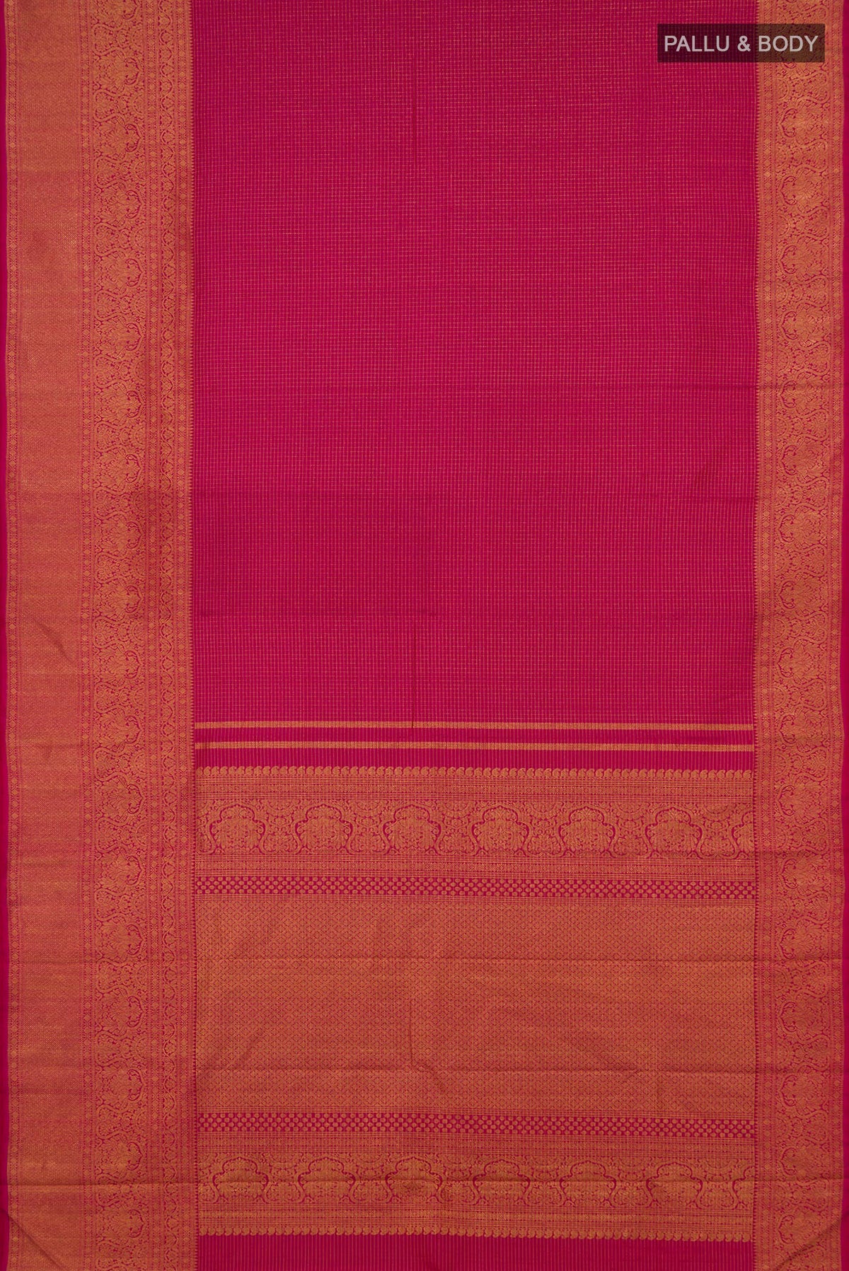Flat view of Pure Silk Pink Kanchipuram Saree with Checked design on the body and Fancy Border. 