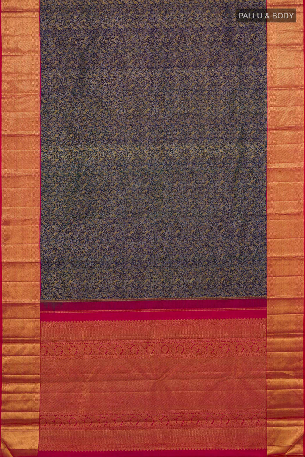 Flat view of Blue Kanchipuram Silk Saree with Zari Brocade on the body and Zari Border. 