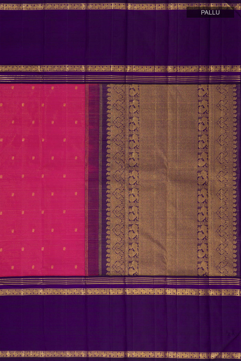 Close up image of the pallu of Pink Kanjivaram Silk Saree with Zari Butta on the body and Thin Zari Line. 