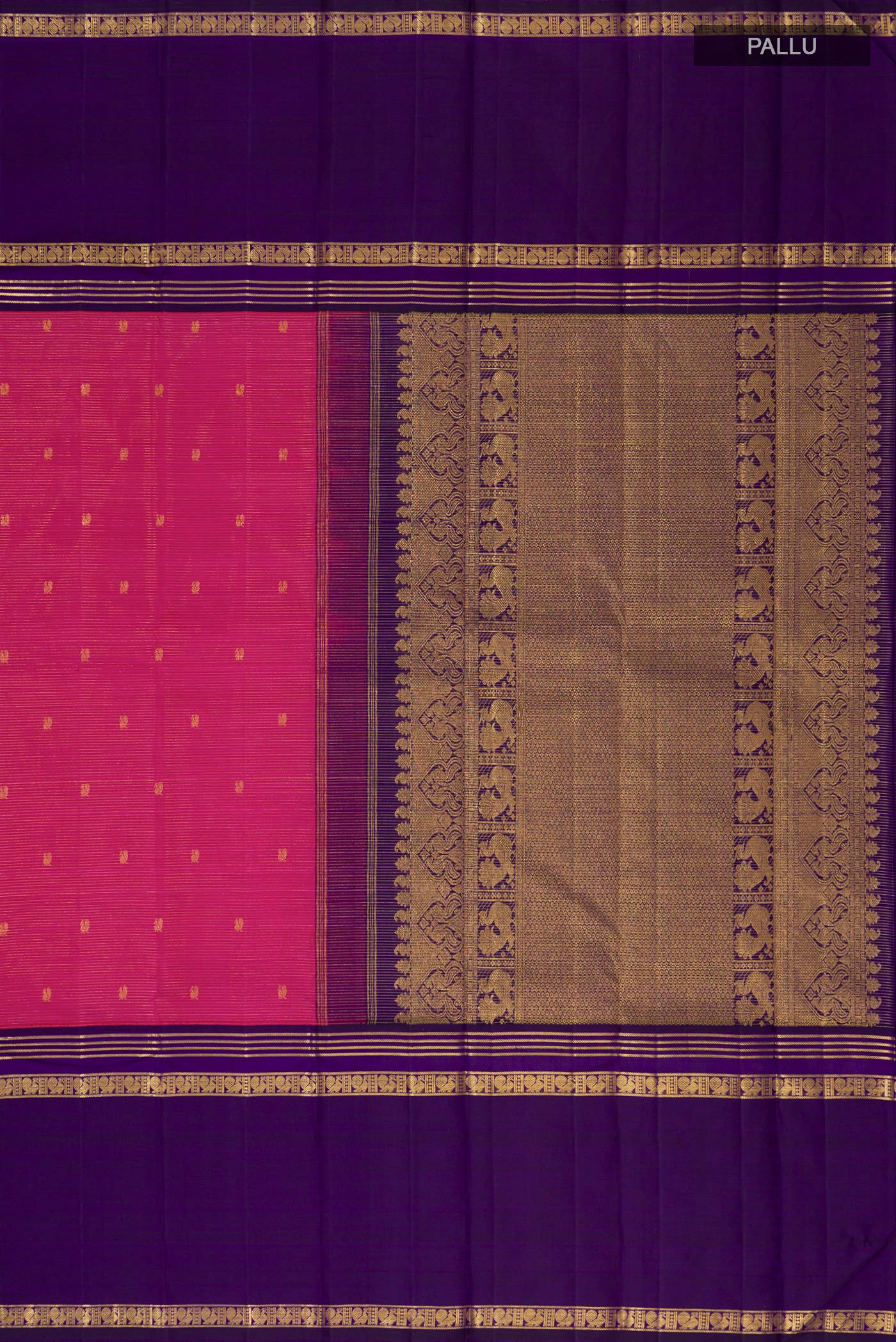 Close up image of the pallu of Pink Kanjivaram Silk Saree with Zari Butta on the body and Thin Zari Line. 