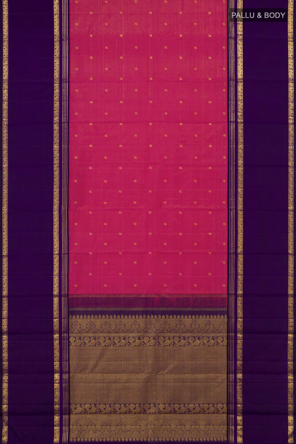 Flat view of Pink Kanjivaram Silk Saree with Zari Butta on the body and Thin Zari Line. 