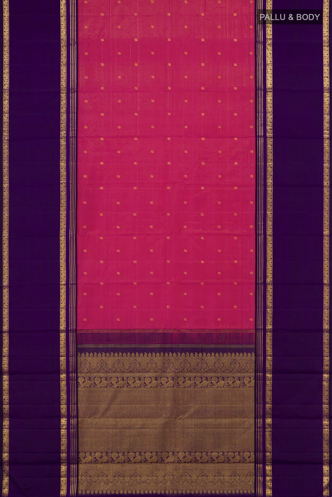 Flat view of Pink Kanjivaram Silk Saree with Zari Butta on the body and Thin Zari Line. 
