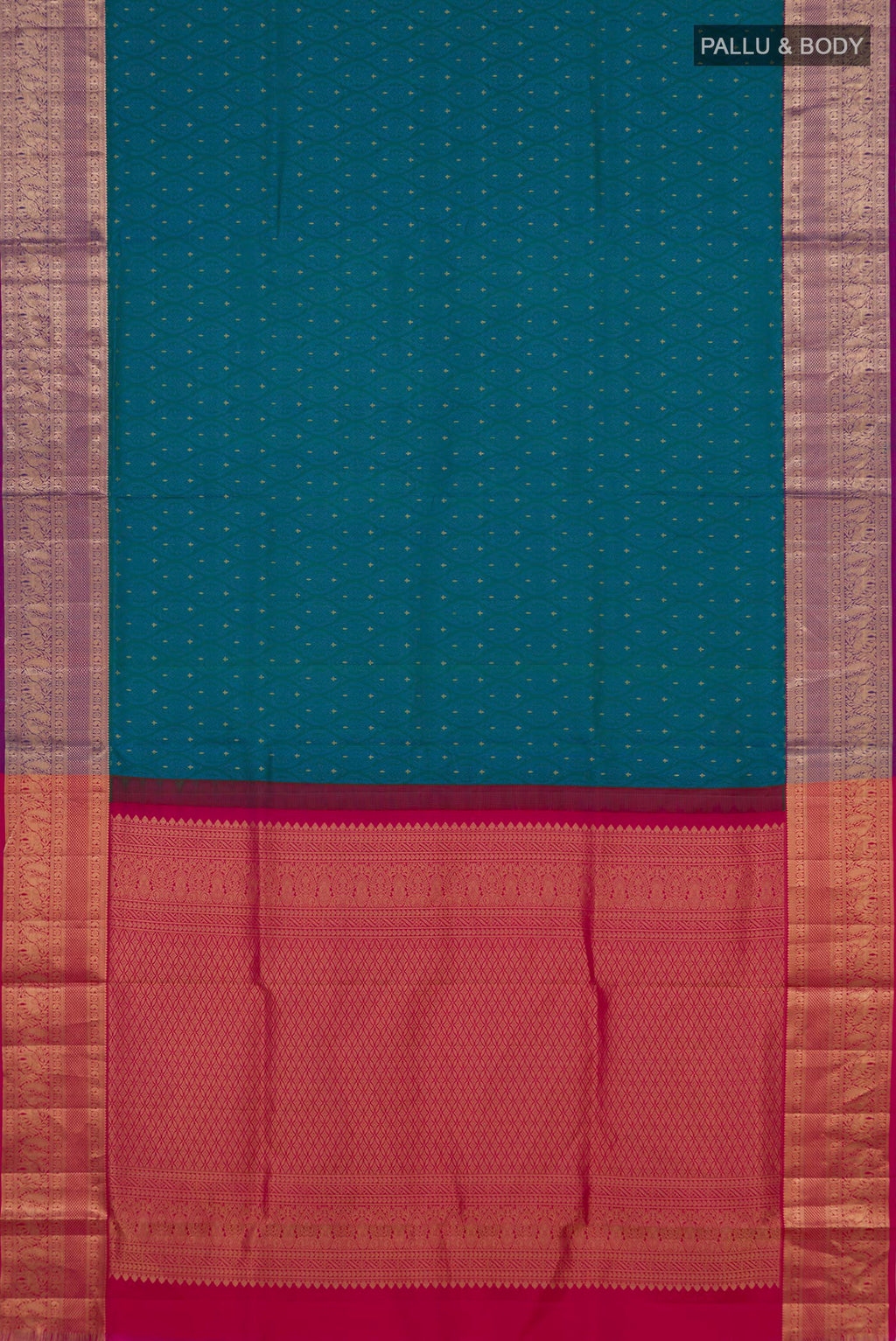 Flat view of Blue Soft Silk Saree with Jacquard design on the body and Zari Border. 