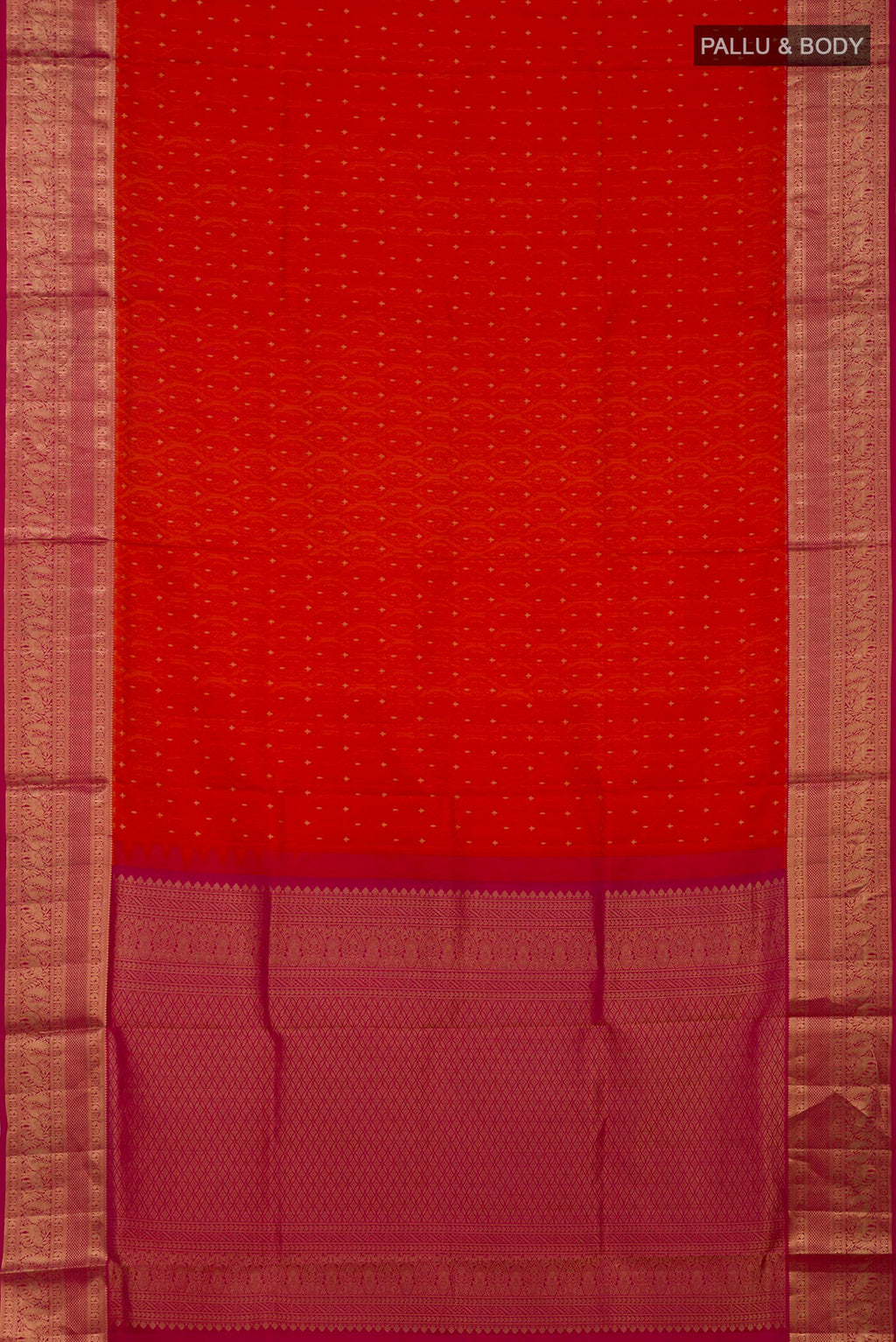 Flat view of Orange Soft Silk Saree with Jacquard With Zari Butta on the body and Zari Border. 