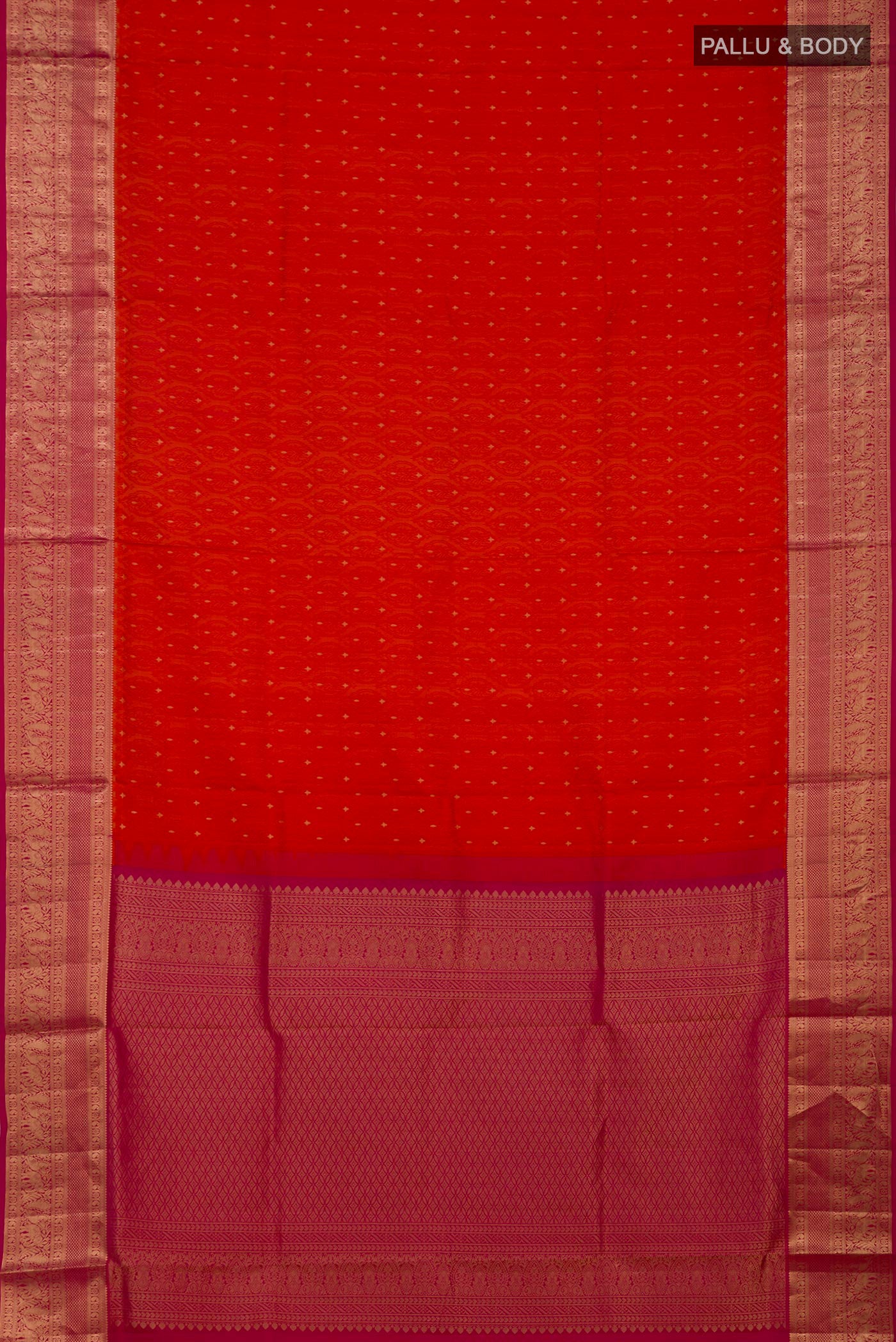 Flat view of Orange Soft Silk Saree with Jacquard With Zari Butta on the body and Zari Border. 