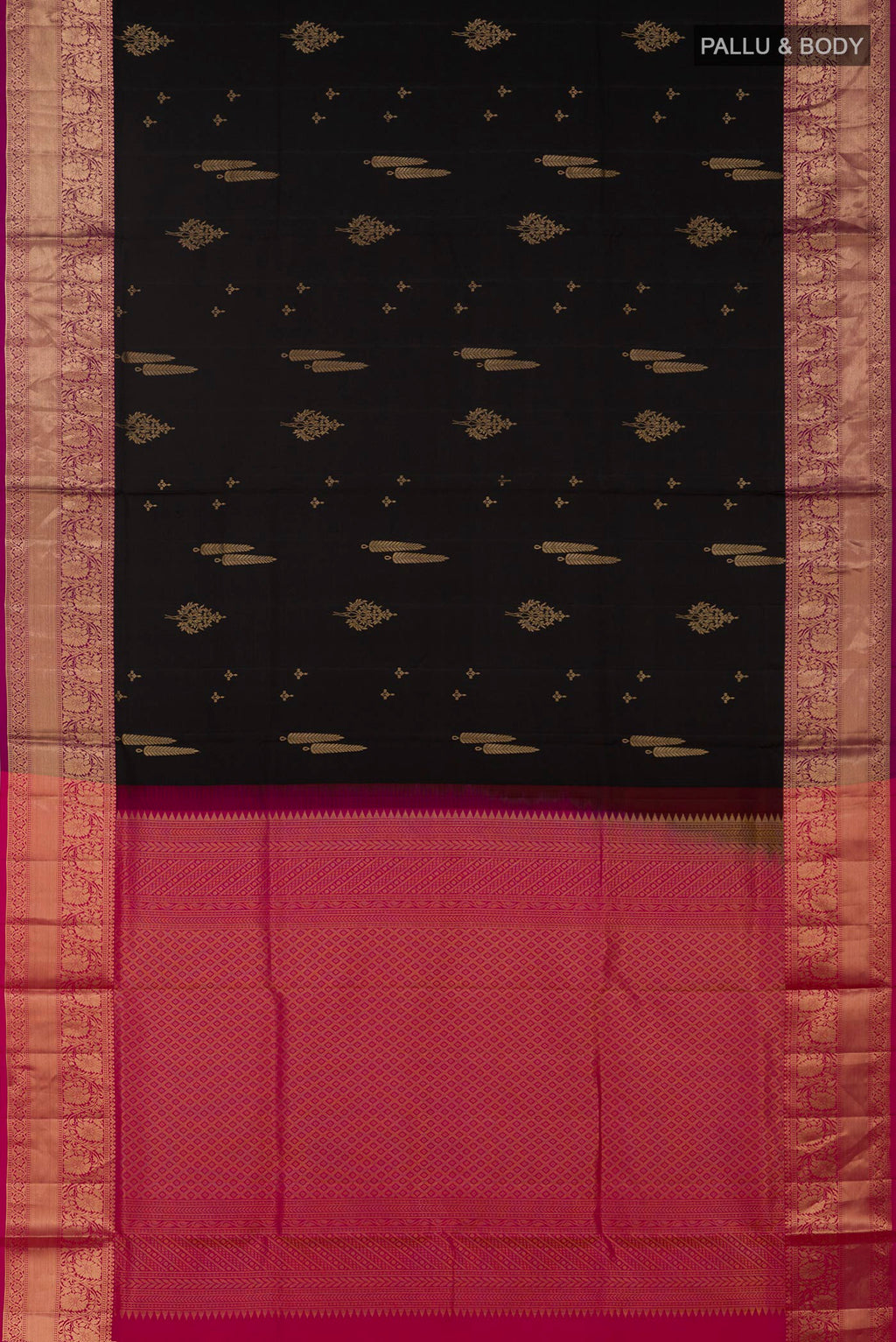 Flat view of Black Soft Silk Saree with Zari Butta on the body and Zari Border. 