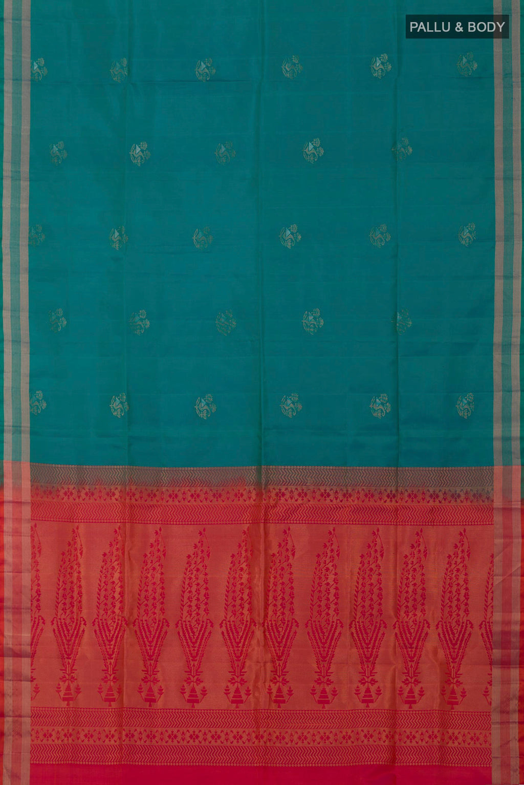 Flat view of Blue Soft Silk Saree with Zari Butta on the body and Thin Zari Line. 