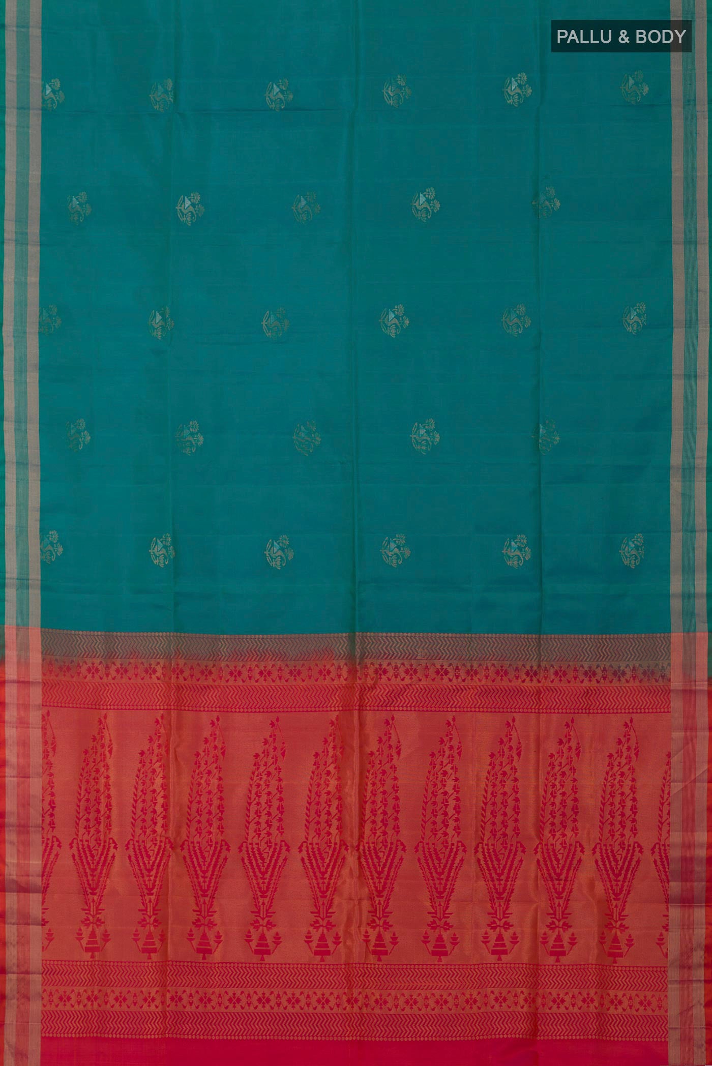 Flat view of Blue Soft Silk Saree with Zari Butta on the body and Thin Zari Line. 