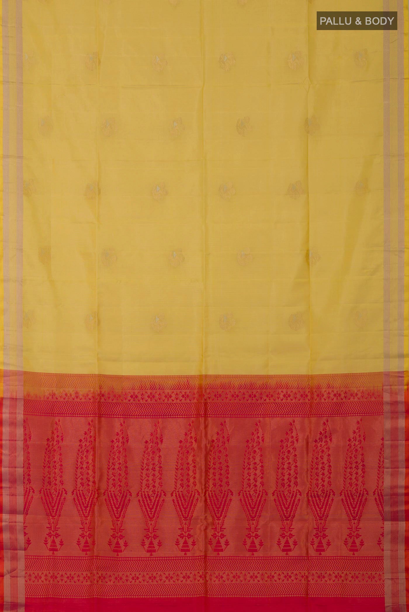 Flat view of Yellow Soft Silk Saree with Zari Butta on the body and Zari Border. 