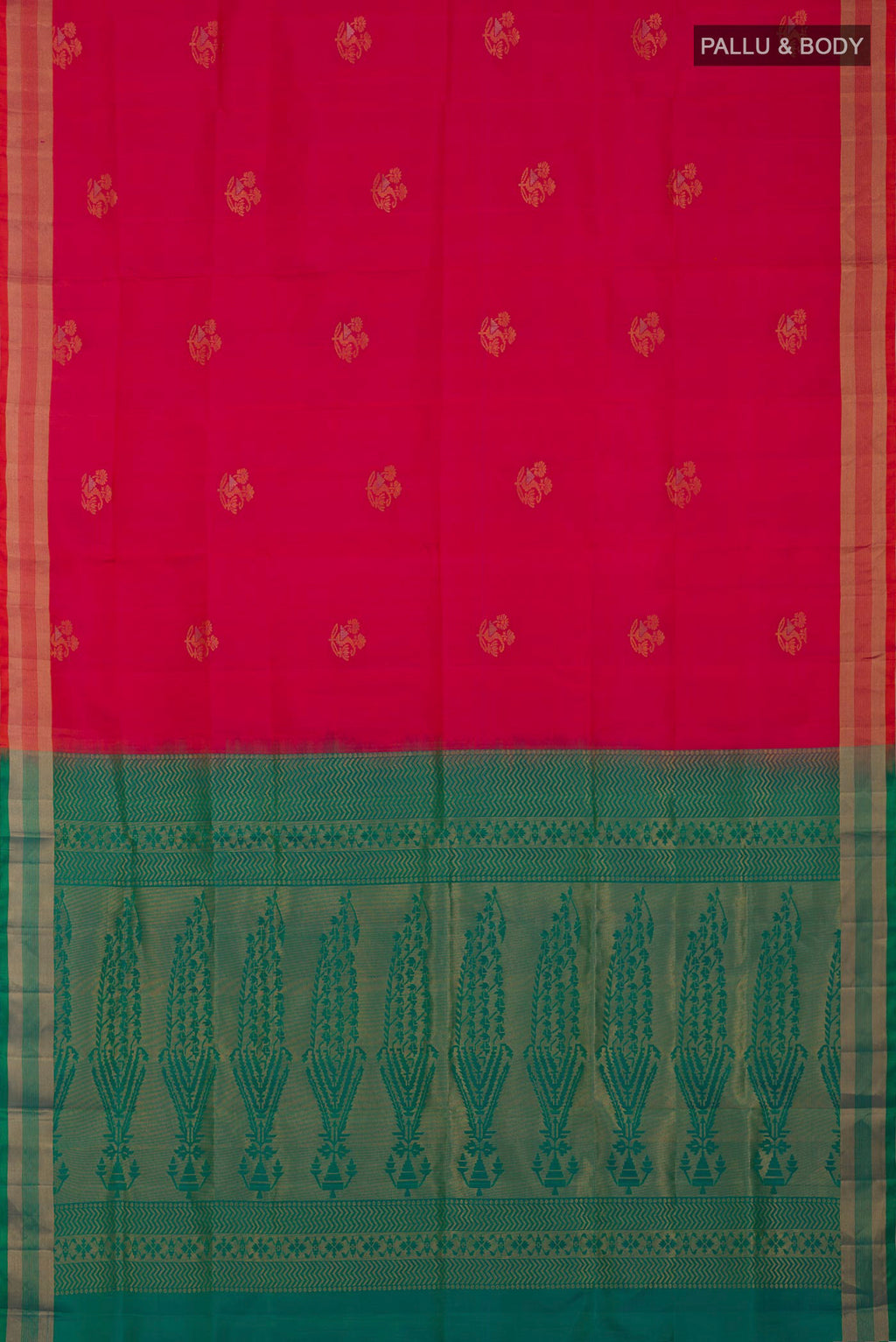 Flat view of Pink Soft Silk Saree with Zari Butta on the body and Zari Border. 