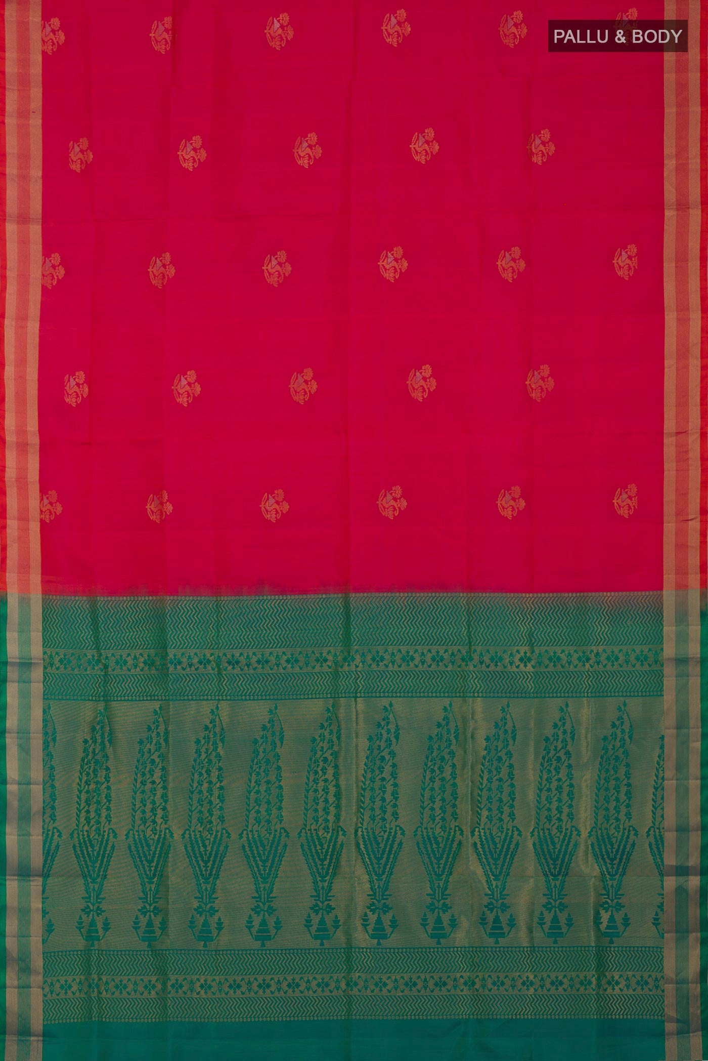 Flat view of Pink Soft Silk Saree with Zari Butta on the body and Zari Border. 