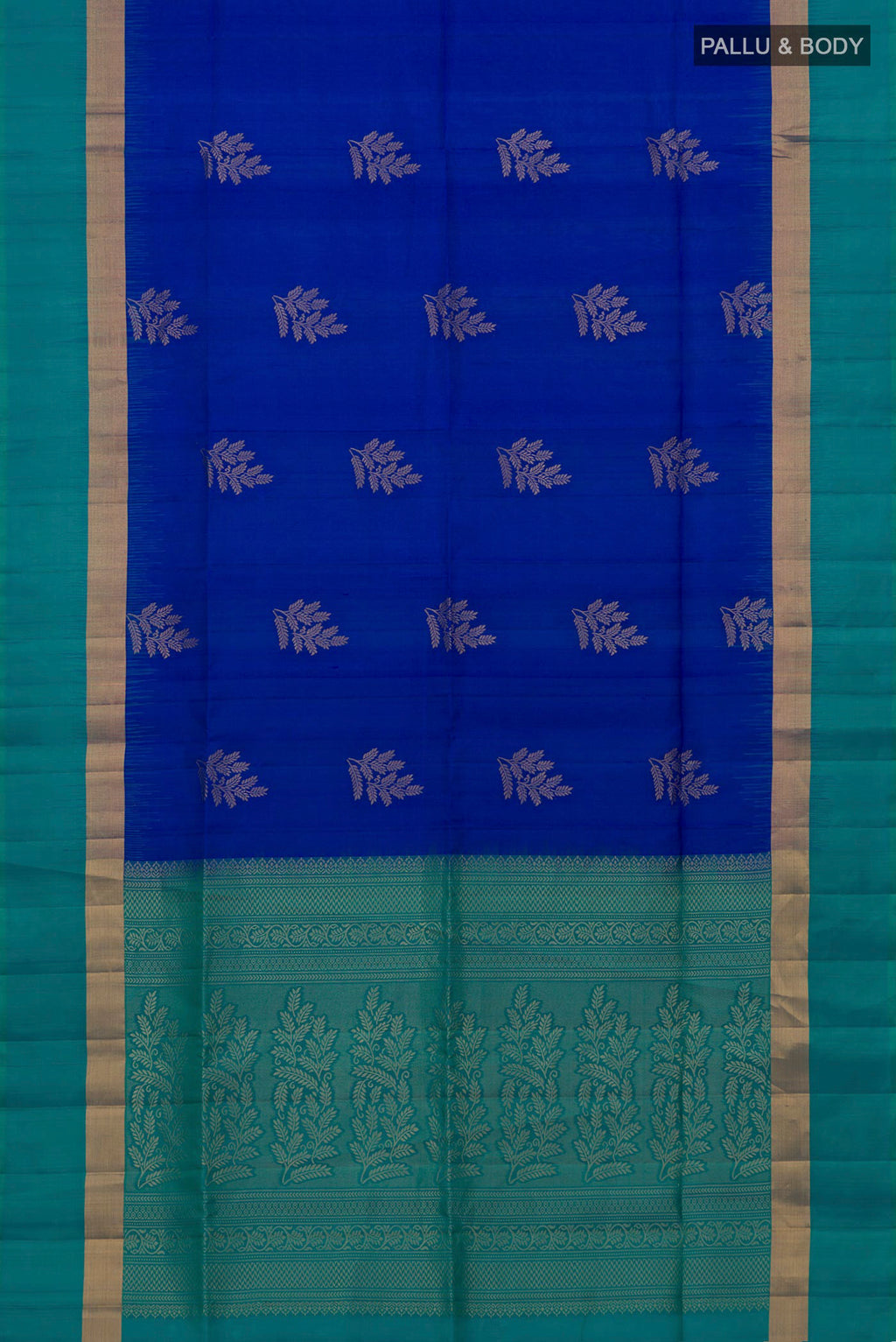 Flat view of Royal Blue Soft Silk Saree with Zari Butta on the body and Thin Zari Line. 