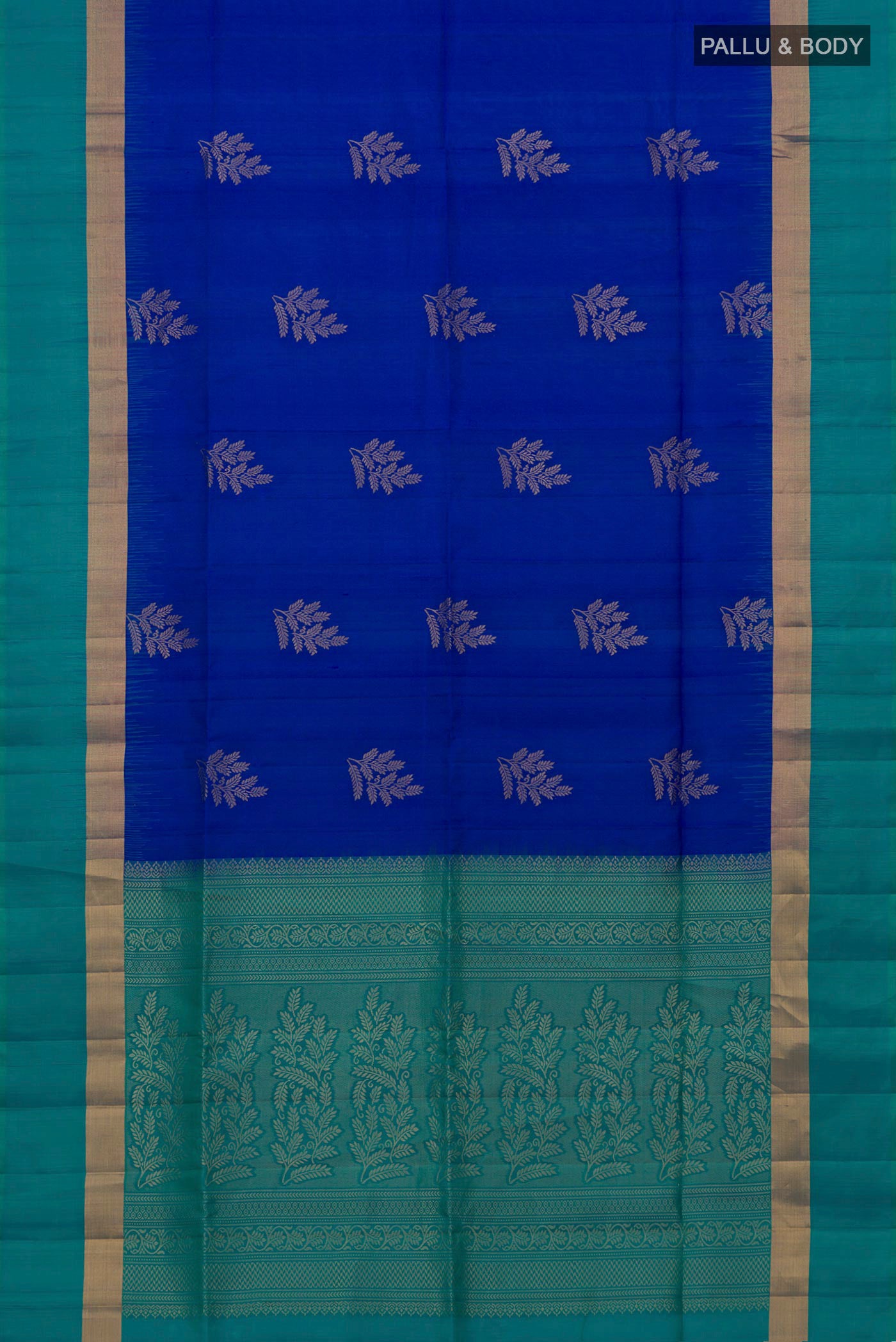 Flat view of Royal Blue Soft Silk Saree with Zari Butta on the body and Thin Zari Line. 
