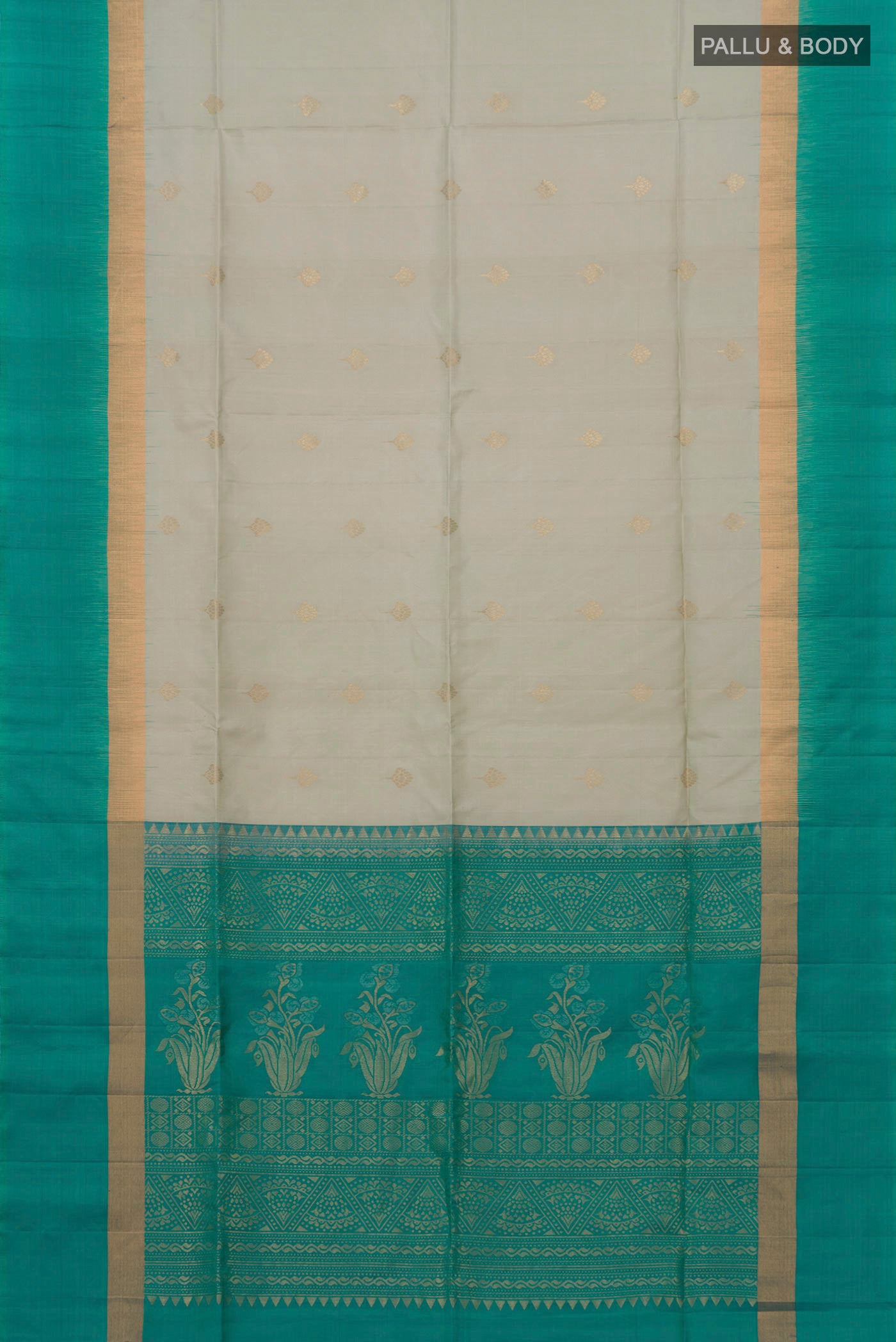 Flat view of Beige Soft Silk Saree with Zari Butta on the body and Fancy Border. 