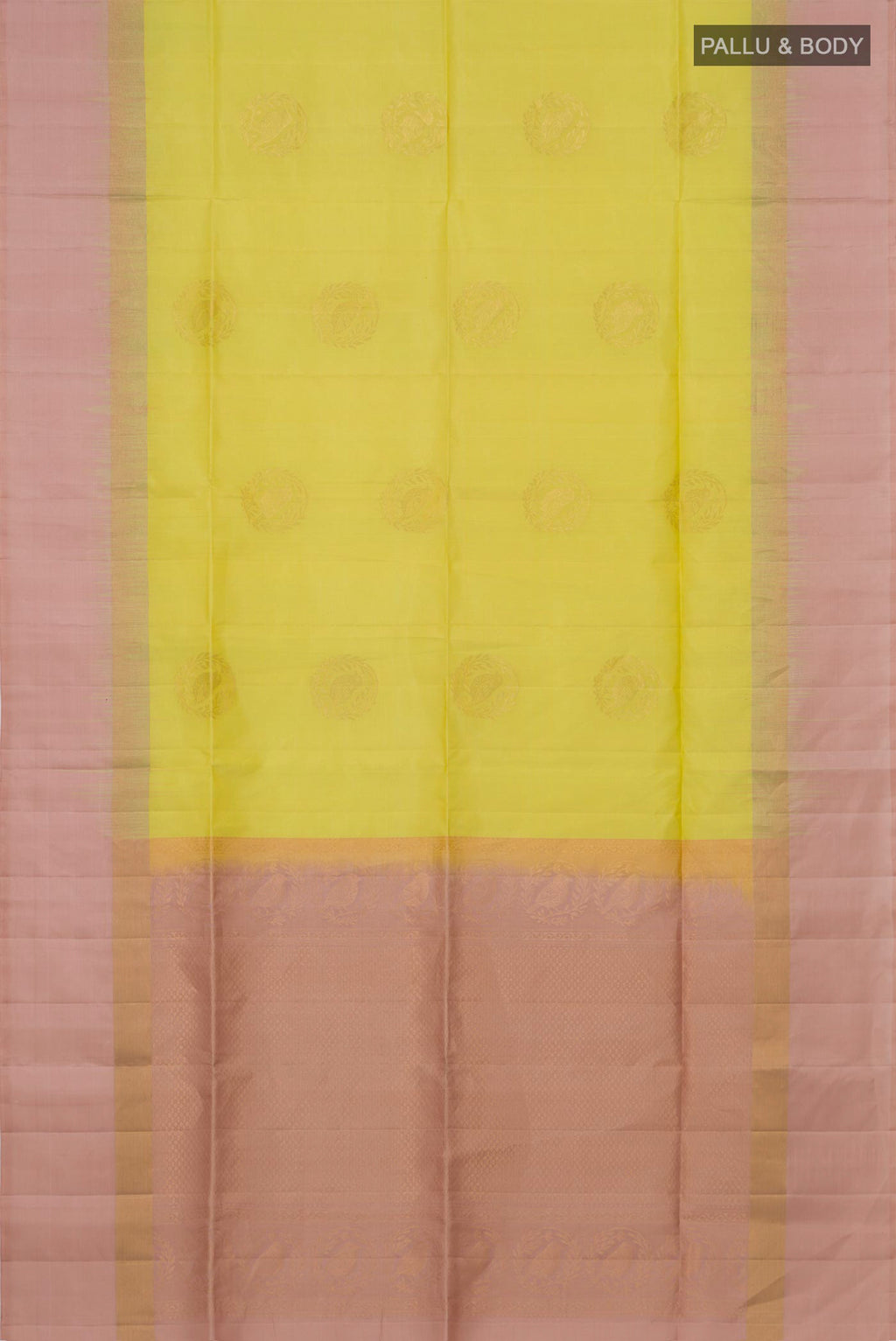 Flat view of Pure Silk Lemon Yellow Soft Saree with Zari Butta on the body and Plain Border. 