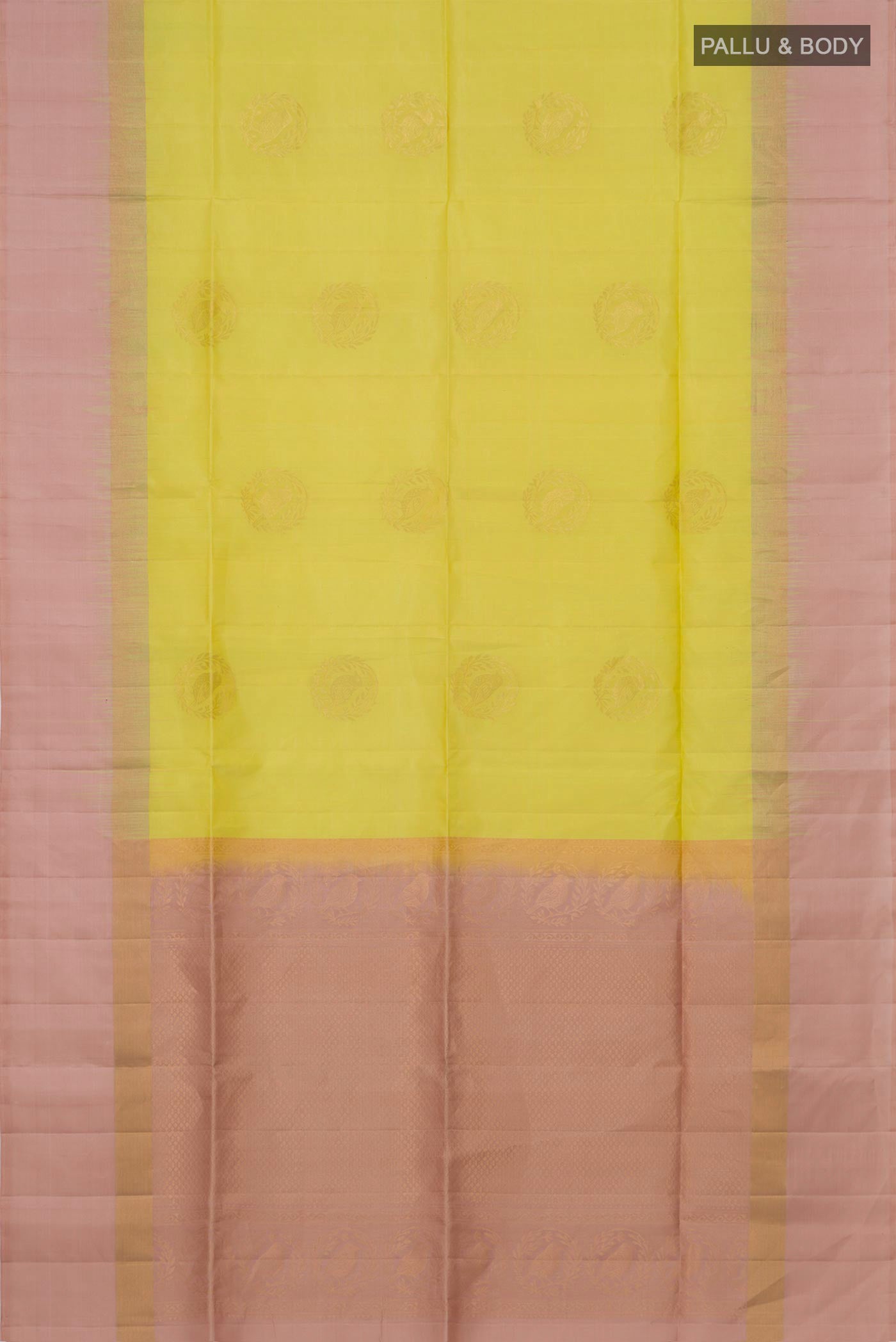 Flat view of Pure Silk Lemon Yellow Soft Saree with Zari Butta on the body and Plain Border. 