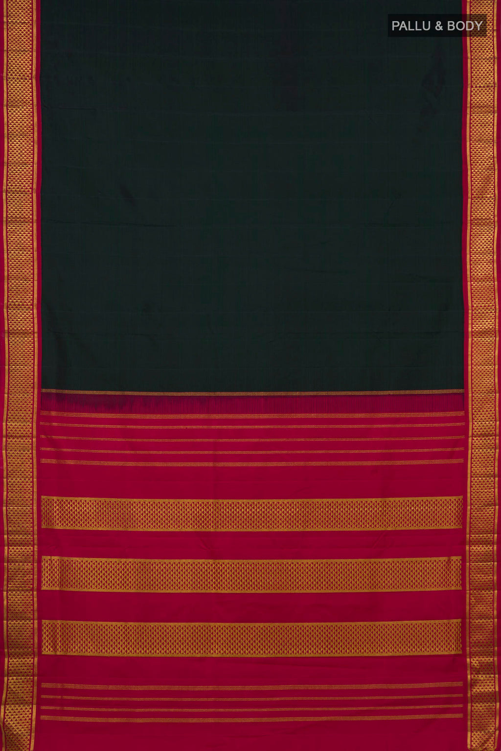 Flat view of Pure Silk Bottle Green Kanchipuram Nine Yards Saree with Plain Body and Zari Border. 