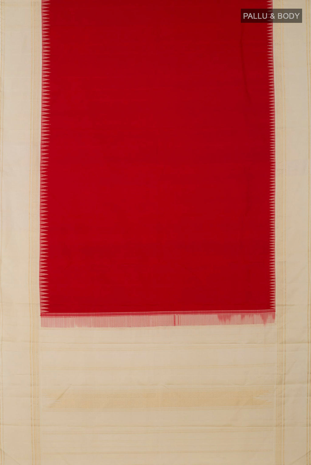 Flat view of Pure Silk Pure Zari Red Kanjivaram Saree with Plain Body and Thin Zari Line. 