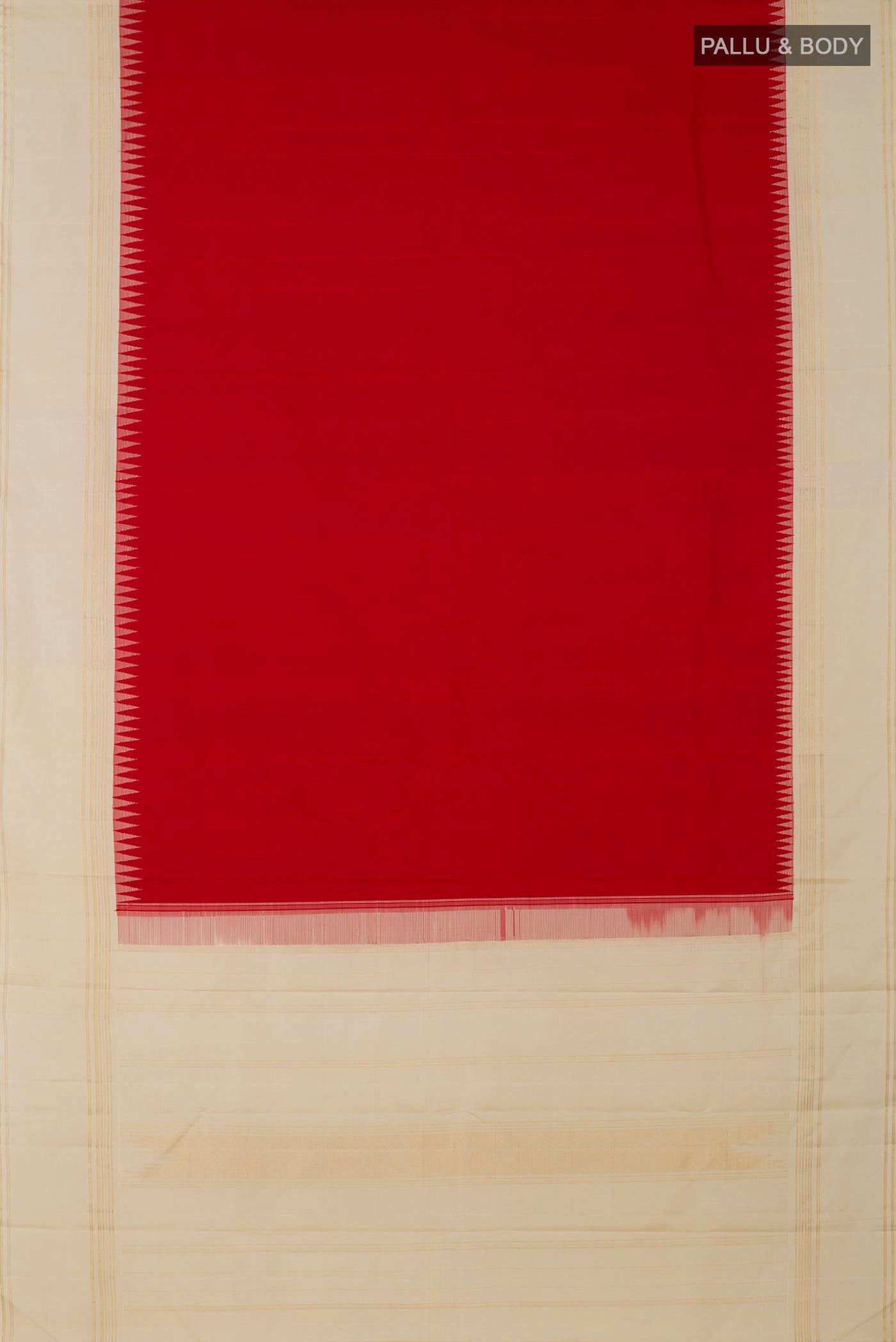 Flat view of Pure Silk Pure Zari Red Kanjivaram Saree with Plain Body and Thin Zari Line. 