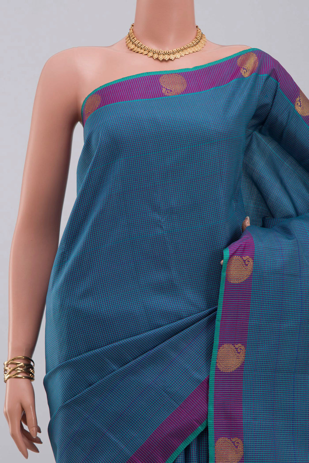 Border image of Pure Silk Pure Zari Blue Kanjivaram Saree with Checked design on the body and Fancy Border. 