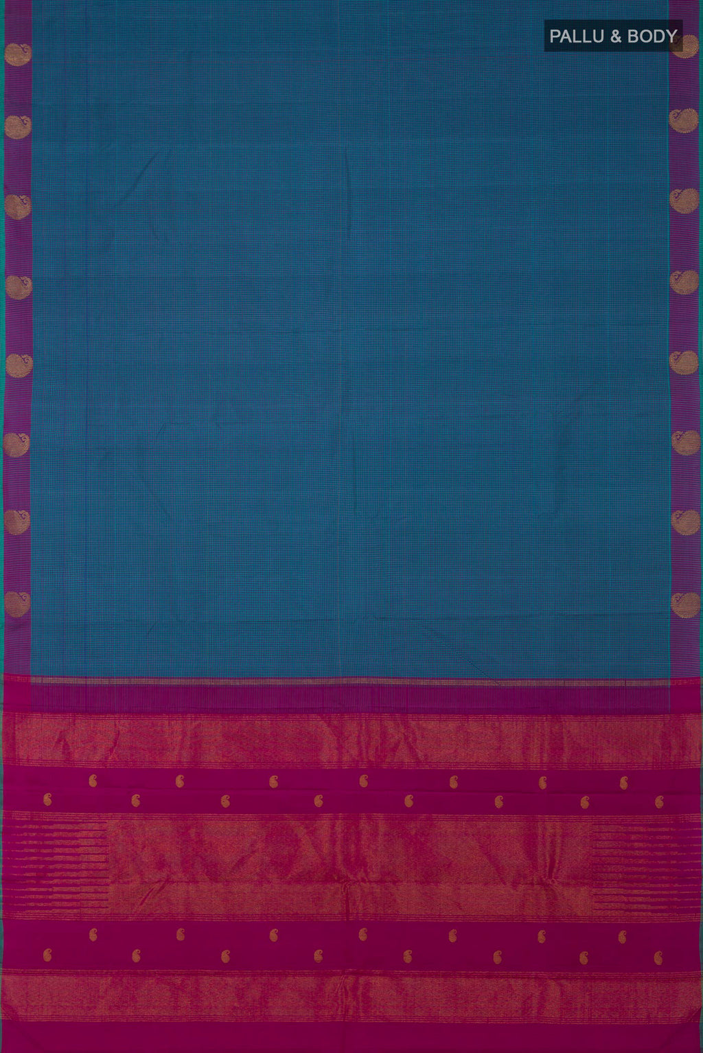 Flat view of Pure Silk Pure Zari Blue Kanjivaram Saree with Checked design on the body and Fancy Border. 
