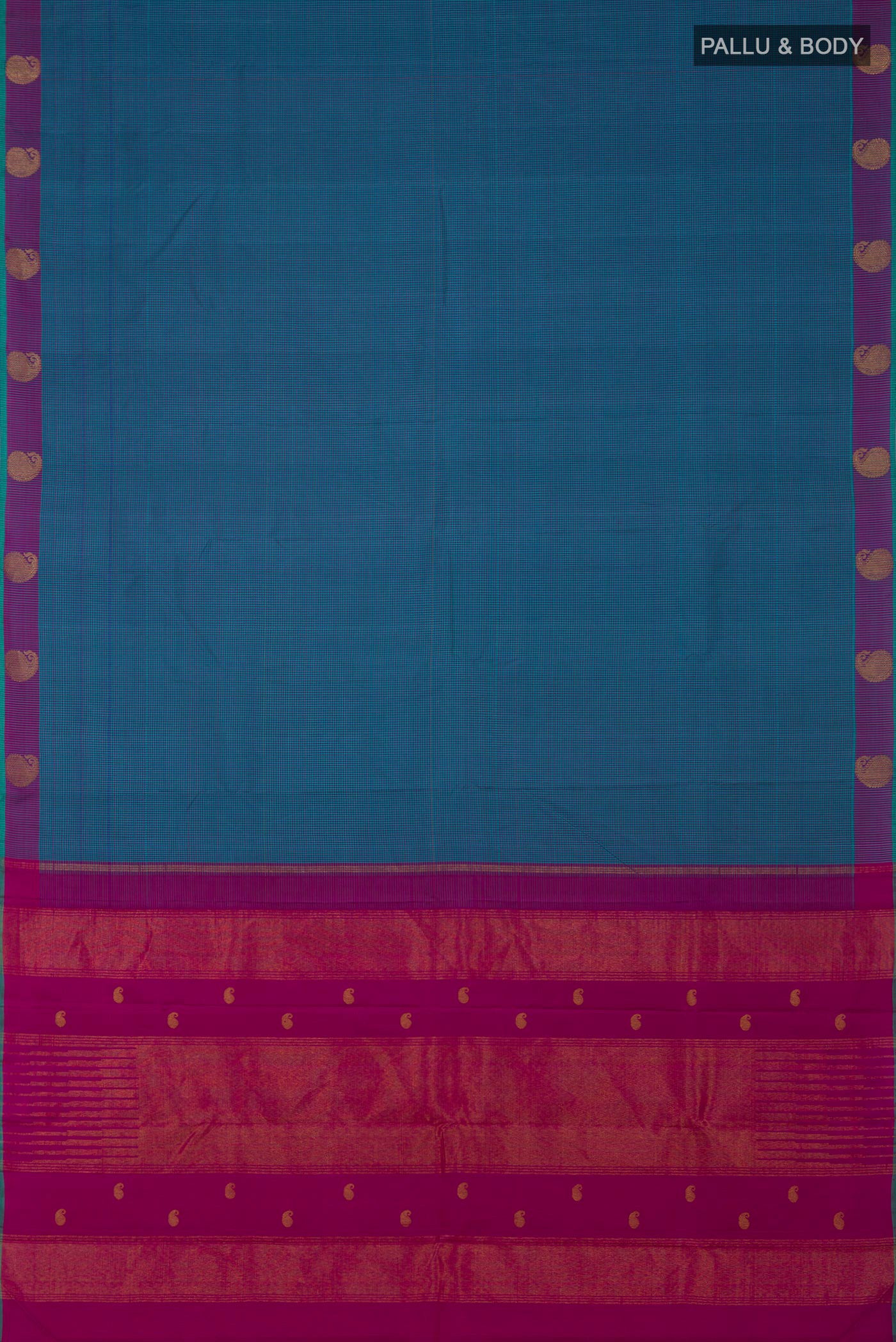 Flat view of Pure Silk Pure Zari Blue Kanjivaram Saree with Checked design on the body and Fancy Border. 