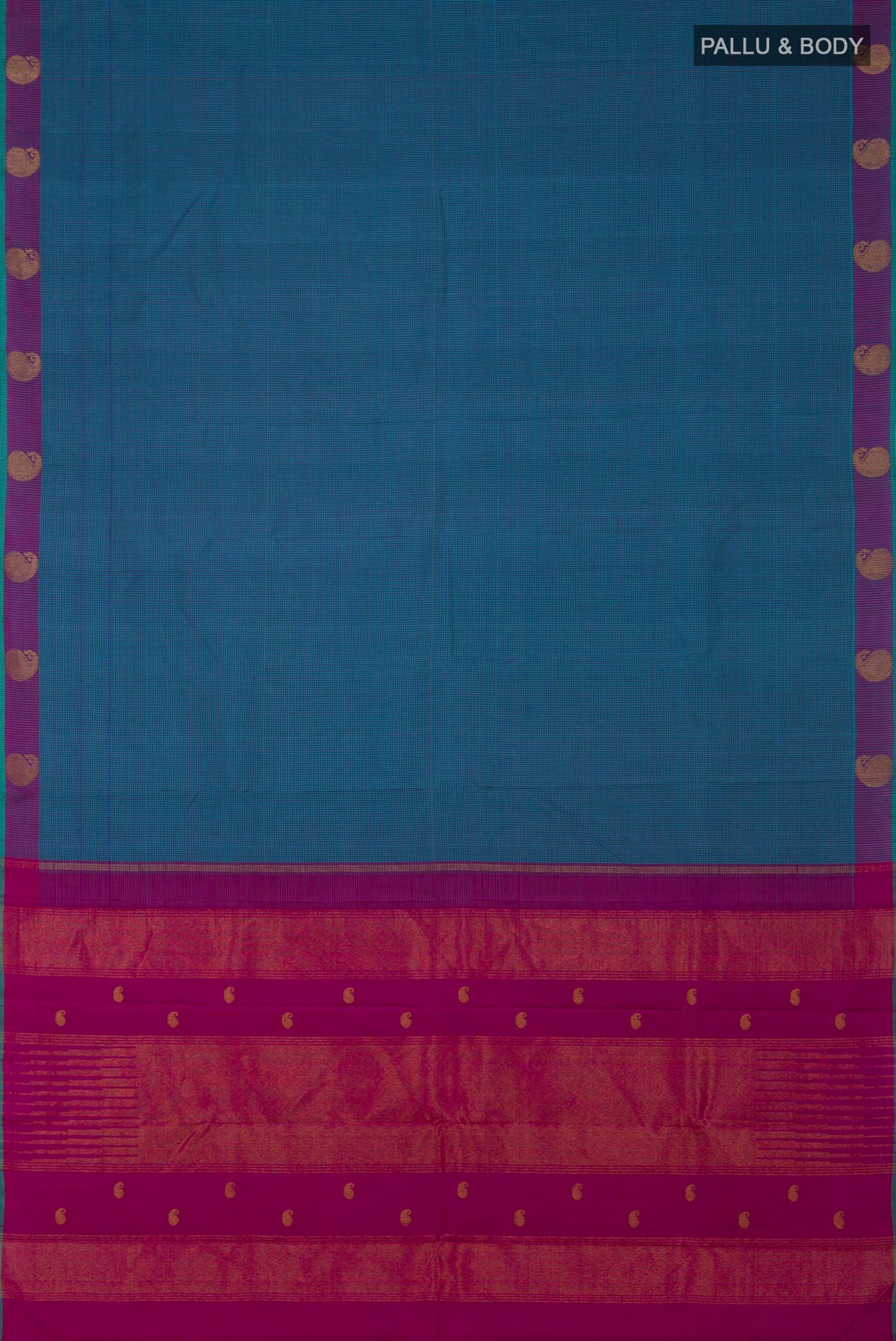 Flat view of Pure Silk Pure Zari Blue Kanjivaram Saree with Checked design on the body and Fancy Border. 