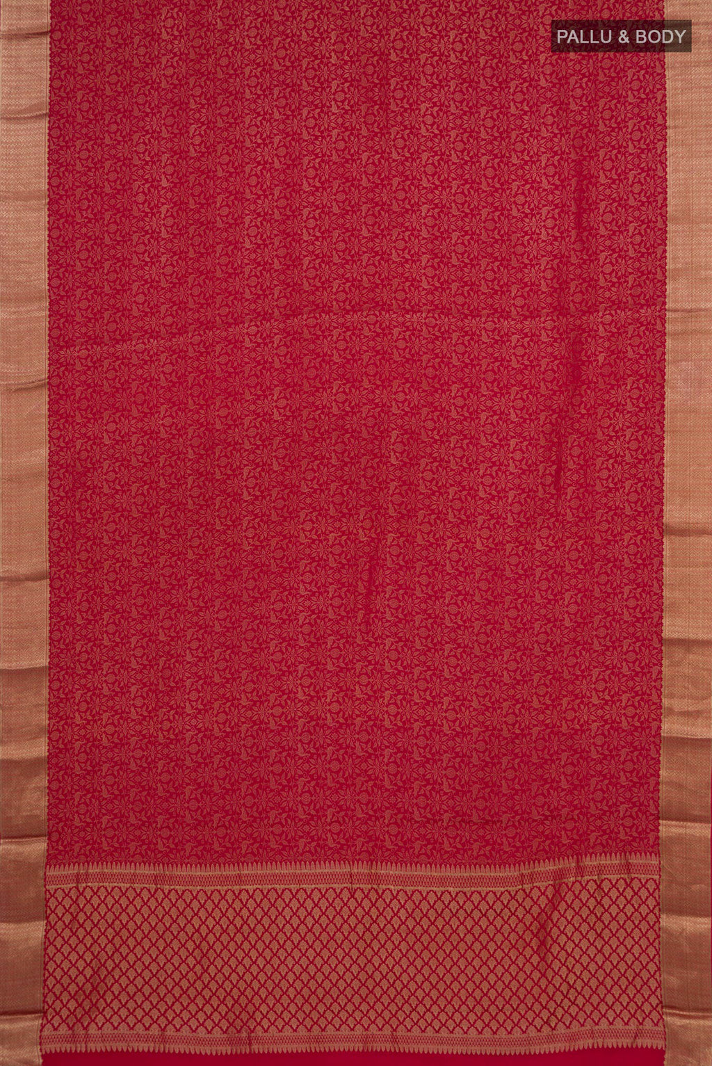 Flat view of Pink Mysore Crepe Saree with Zari Brocade on the body and Zari Border. 