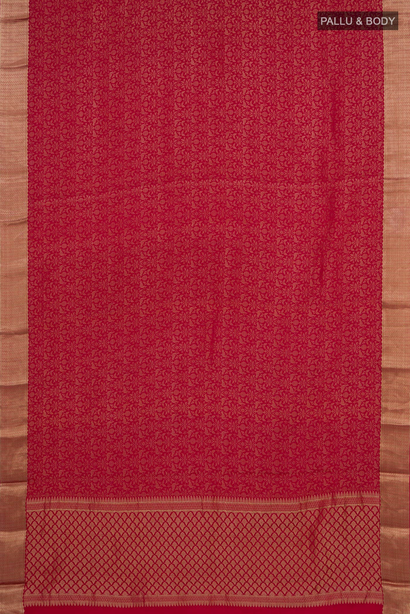 Flat view of Pink Mysore Crepe Saree with Zari Brocade on the body and Zari Border. 