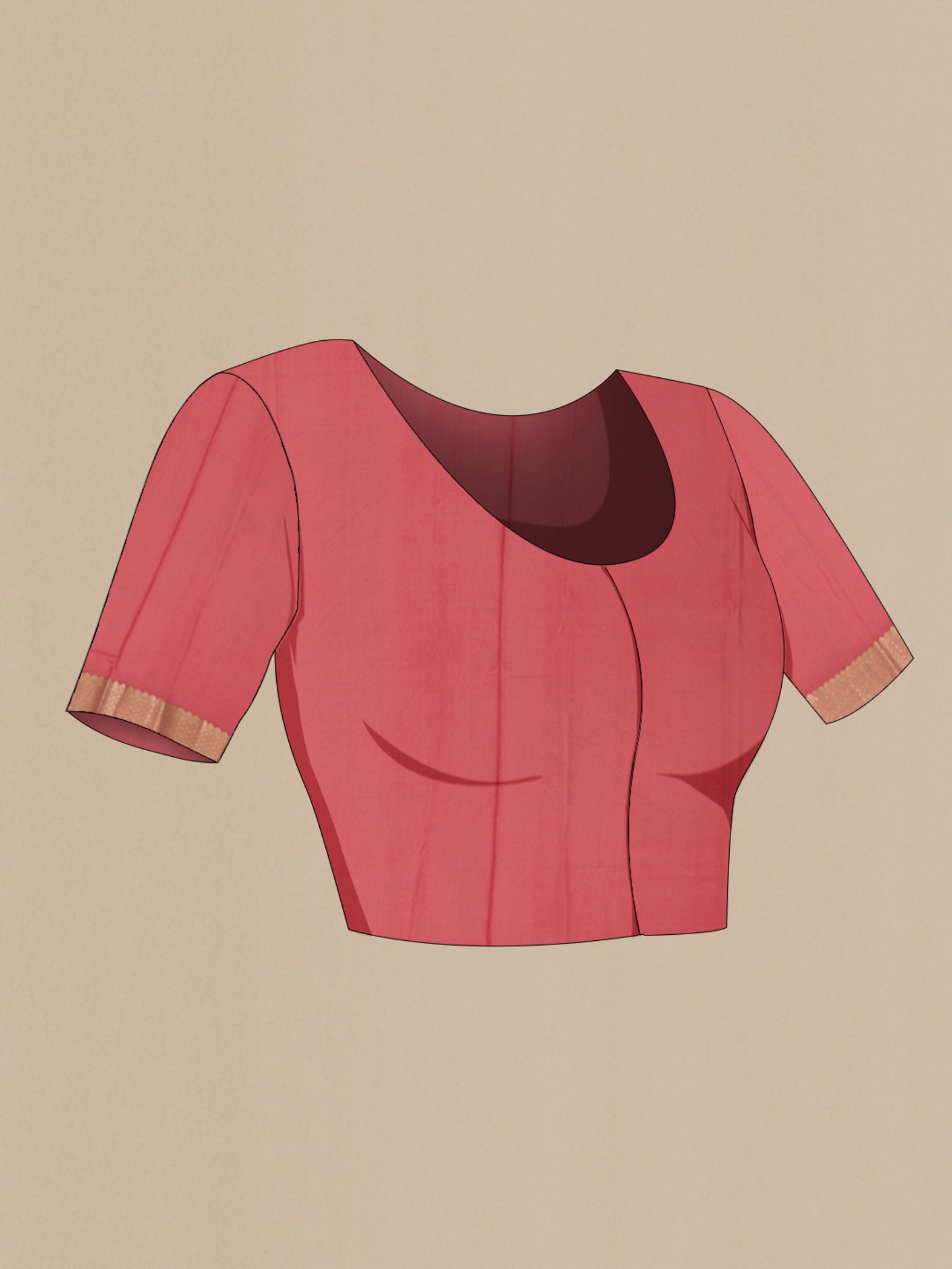 Close up image of the blouse of Rose Gold Mysore Crepe Saree with Zari Brocade on the body and Zari Border. 