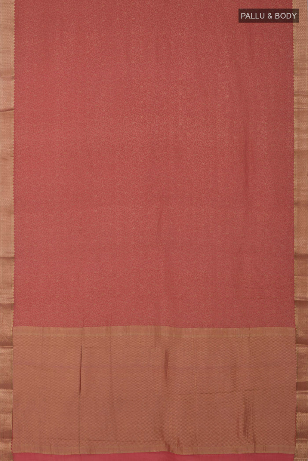 Flat view of Rose Gold Mysore Crepe Saree with Zari Brocade on the body and Zari Border. 