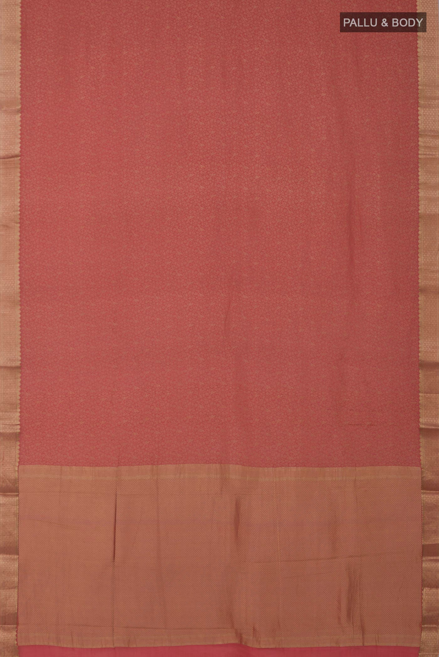 Flat view of Rose Gold Mysore Crepe Saree with Zari Brocade on the body and Zari Border. 