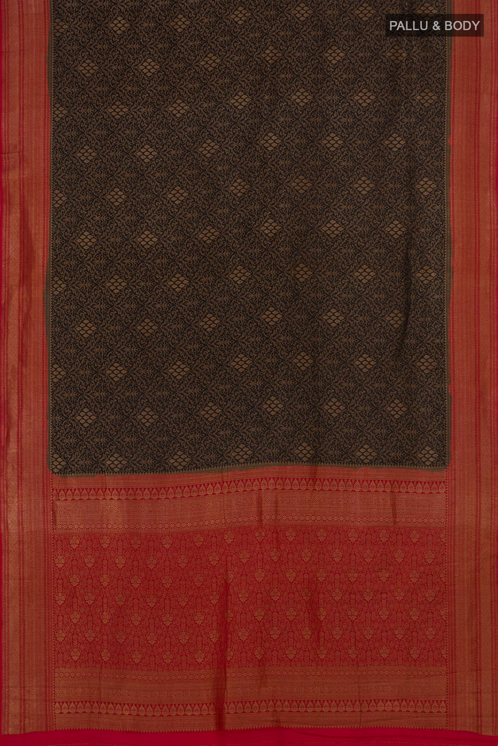 Flat view of Black Mysore Crepe Saree with Zari Brocade on the body and Zari Border. 