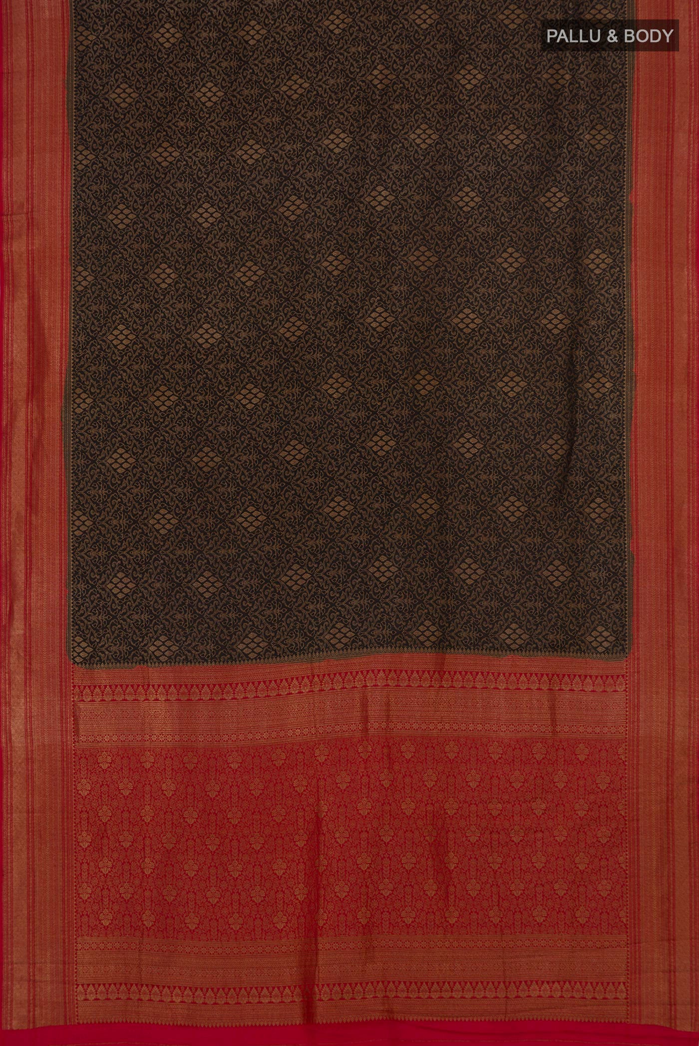 Flat view of Black Mysore Crepe Saree with Zari Brocade on the body and Zari Border. 