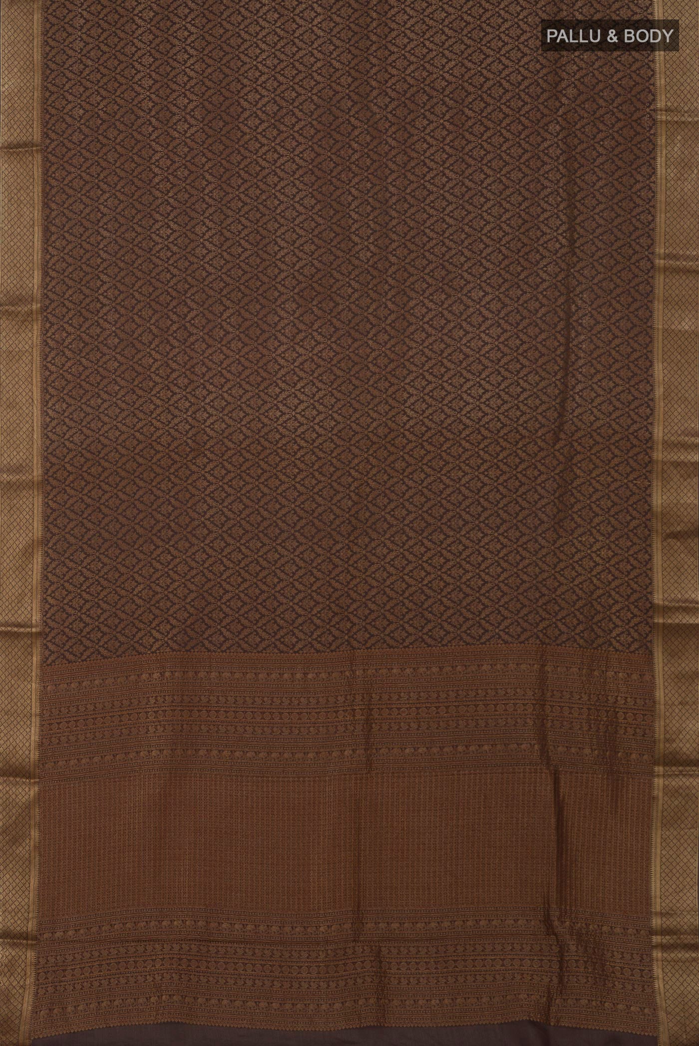 Flat view of Brown Mysore Crepe Saree with Zari Brocade on the body and Zari Border. 
