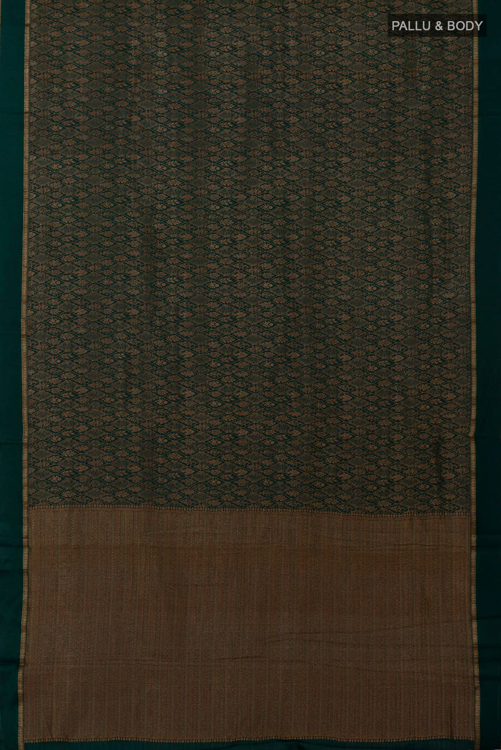 Flat view of Bottle Green Mysore Crepe Saree with Zari Brocade on the body and Thin Zari Line. 