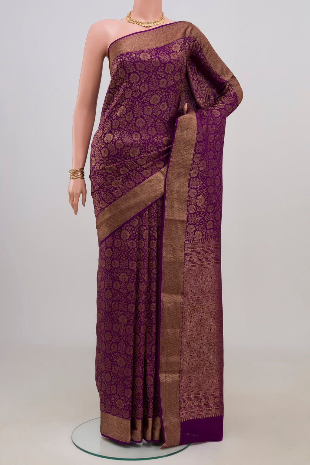 Purple Mysore Crepe Saree with Zari Brocade on the body and Zari Border.  displayed on a mannequin