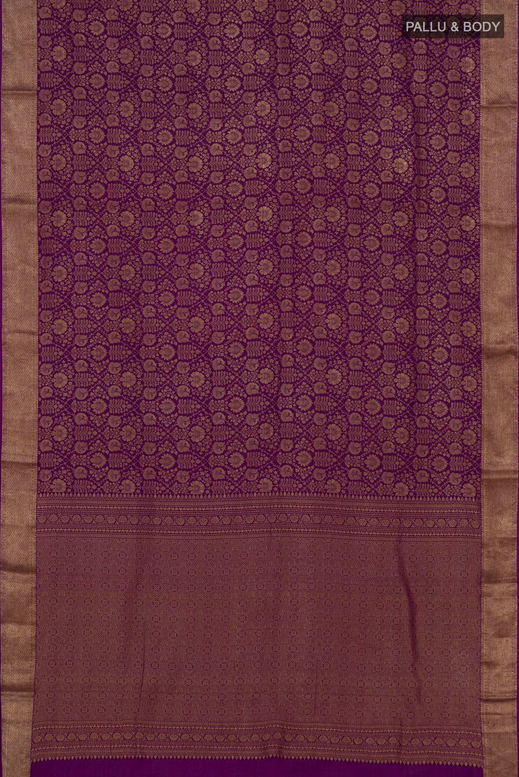 Flat view of Purple Mysore Crepe Saree with Zari Brocade on the body and Zari Border. 