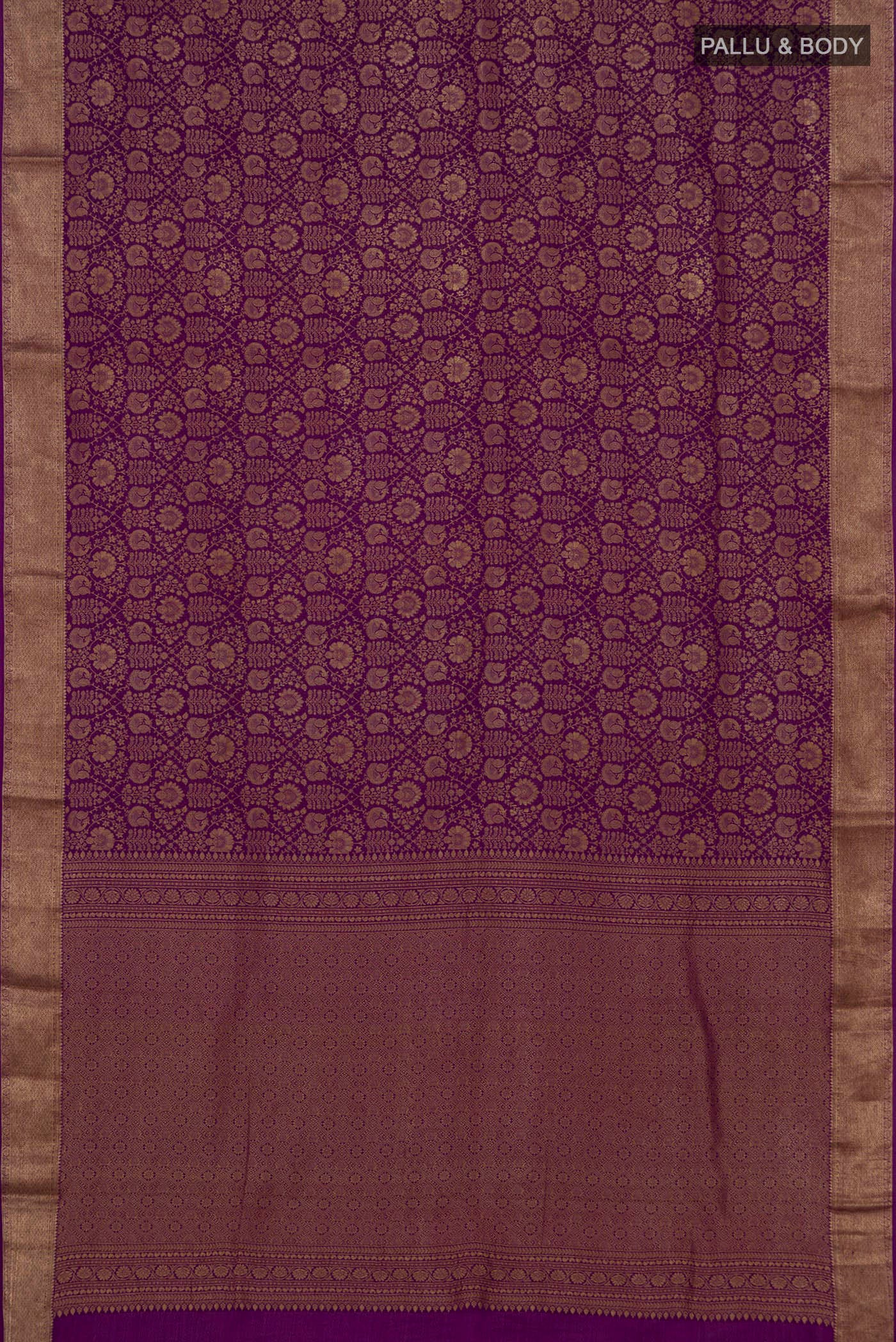 Flat view of Purple Mysore Crepe Saree with Zari Brocade on the body and Zari Border. 