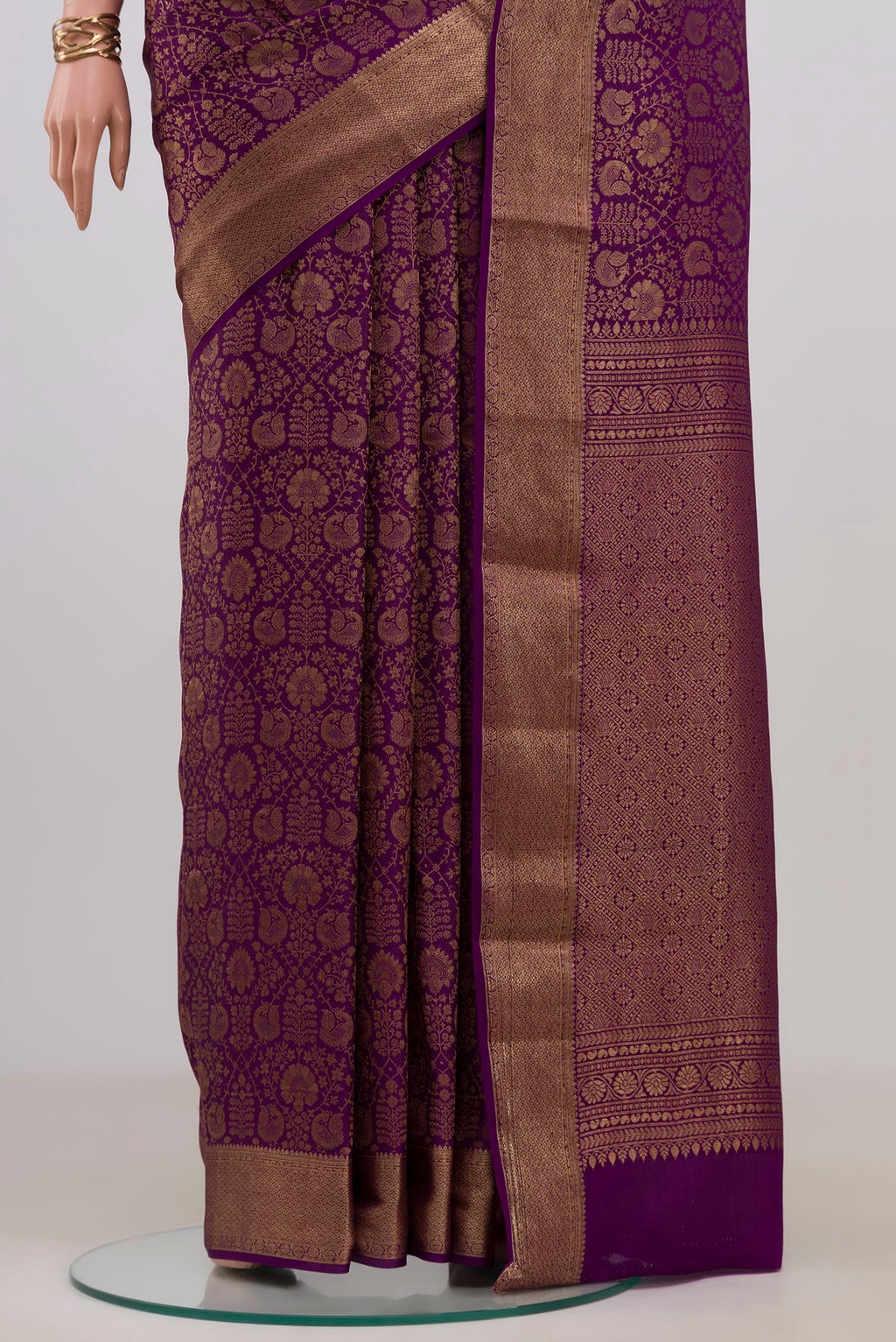 Pleats and pallu of Purple Mysore Crepe Saree with Zari Brocade on the body and Zari Border. 