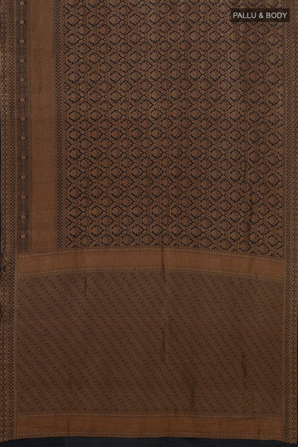 Flat view of Black Mysore Crepe Saree with Zari Brocade on the body and Fancy Border. 