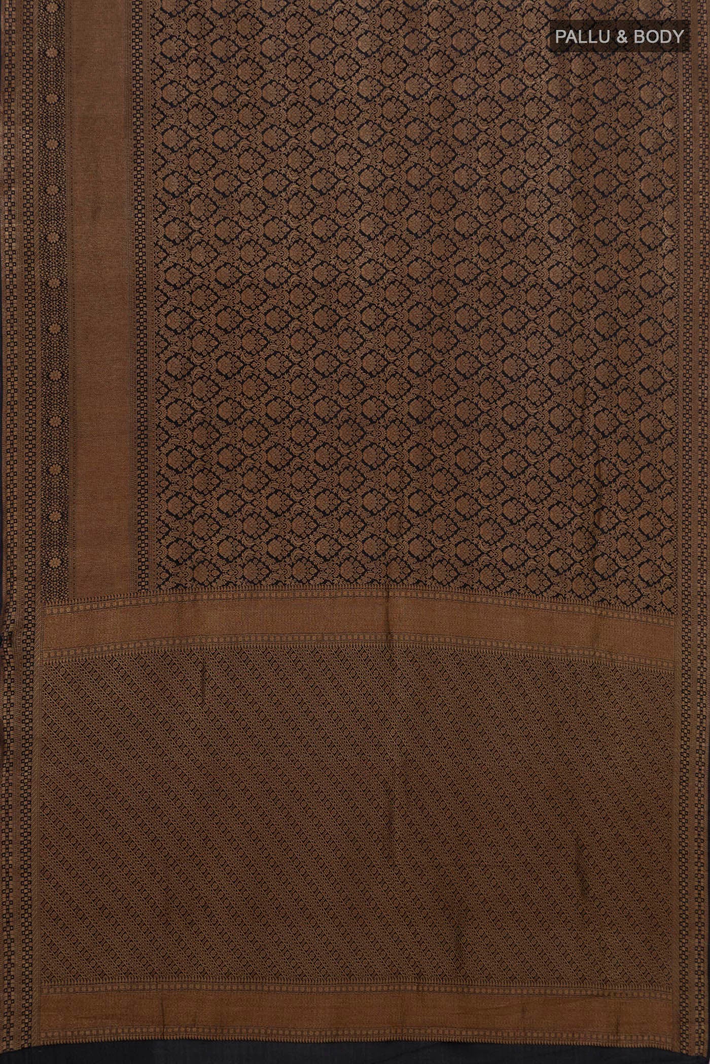 Flat view of Black Mysore Crepe Saree with Zari Brocade on the body and Fancy Border. 