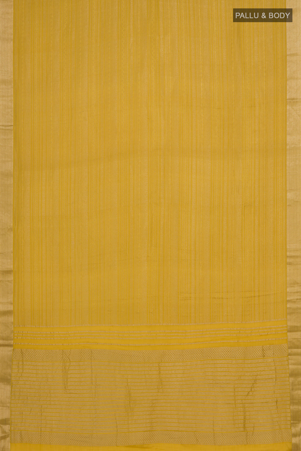 Flat view of Yellow Mysore Crepe Saree with Zari Brocade on the body and Zari Border. 